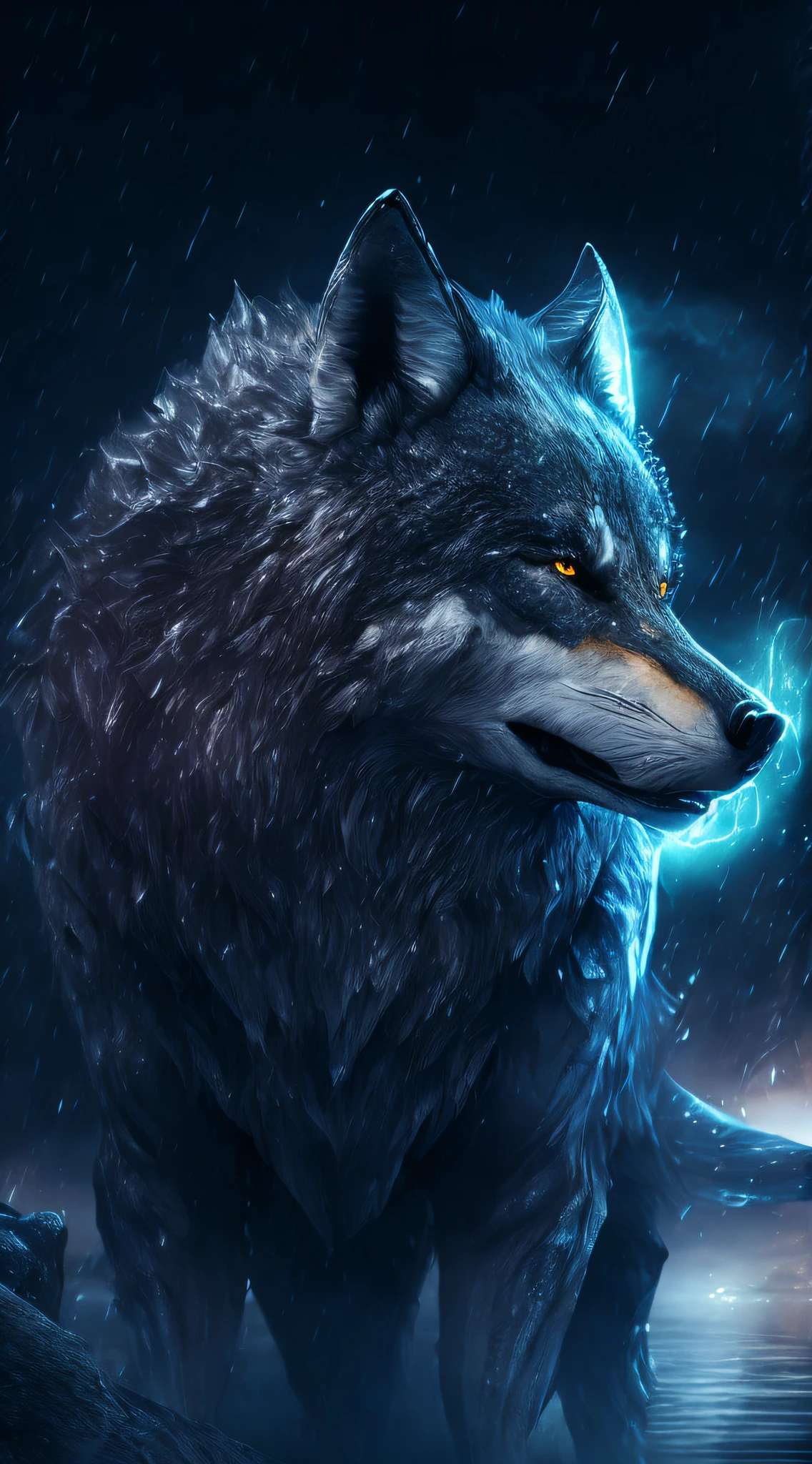 Wolf god, hyper realistic, tension, cold, highly detailed, sharp focus, professional, 8k UHD, cinematic, dark, violent, outdoor, River, battle, chase, dramatic, vivid, nervous vibe, render, epic, twilight, eating the moon, HDR, album cover, blizzard, lightning, cataclysmic