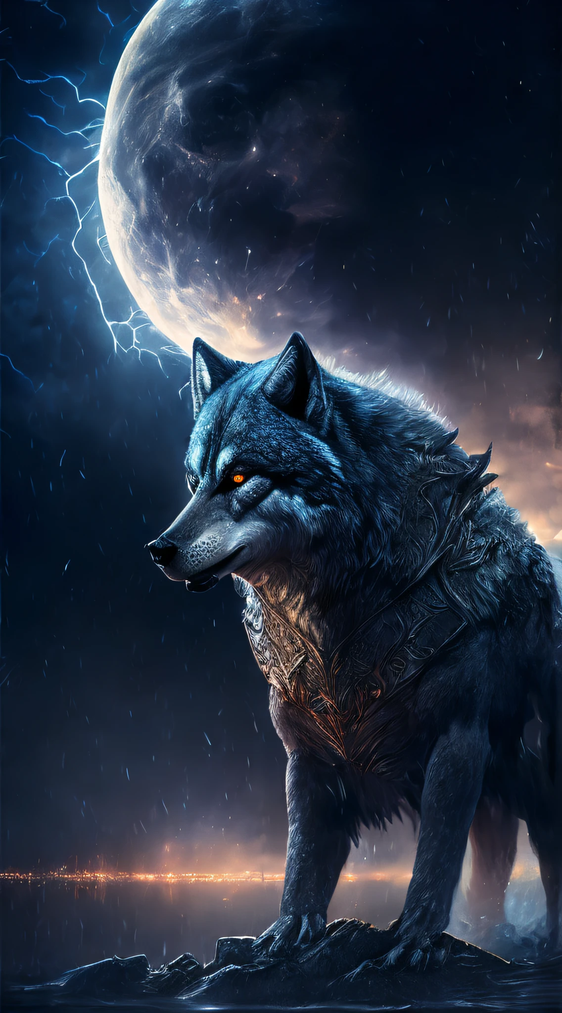 Wolf god, hyper realistic, tension, cold, highly detailed, sharp focus, professional, 8k UHD, cinematic, dark, violent, outdoor, River, battle, chase, dramatic, vivid, nervous vibe, render, epic, twilight, eating the moon, HDR, album cover, blizzard, lightning, cataclysmic