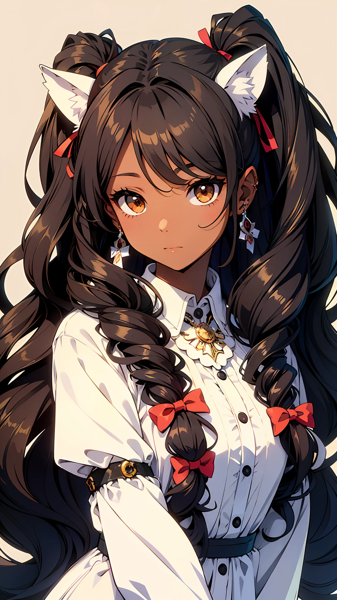 (masterpiece),(best quality),(ultra-detailed),(illustration),simple background,(an extremely delicate and beautiful girl),(beautiful face),looking_at_viewer,1 cute black girl with (long curly hair:1.5), dark brown skin, and light brown eyes, chocolate theme, animal ears, animal tail,BREAK, long hair in pigtails,multiple hairbows,ribbons,earring,pendant, candy and sweets all over the background.
