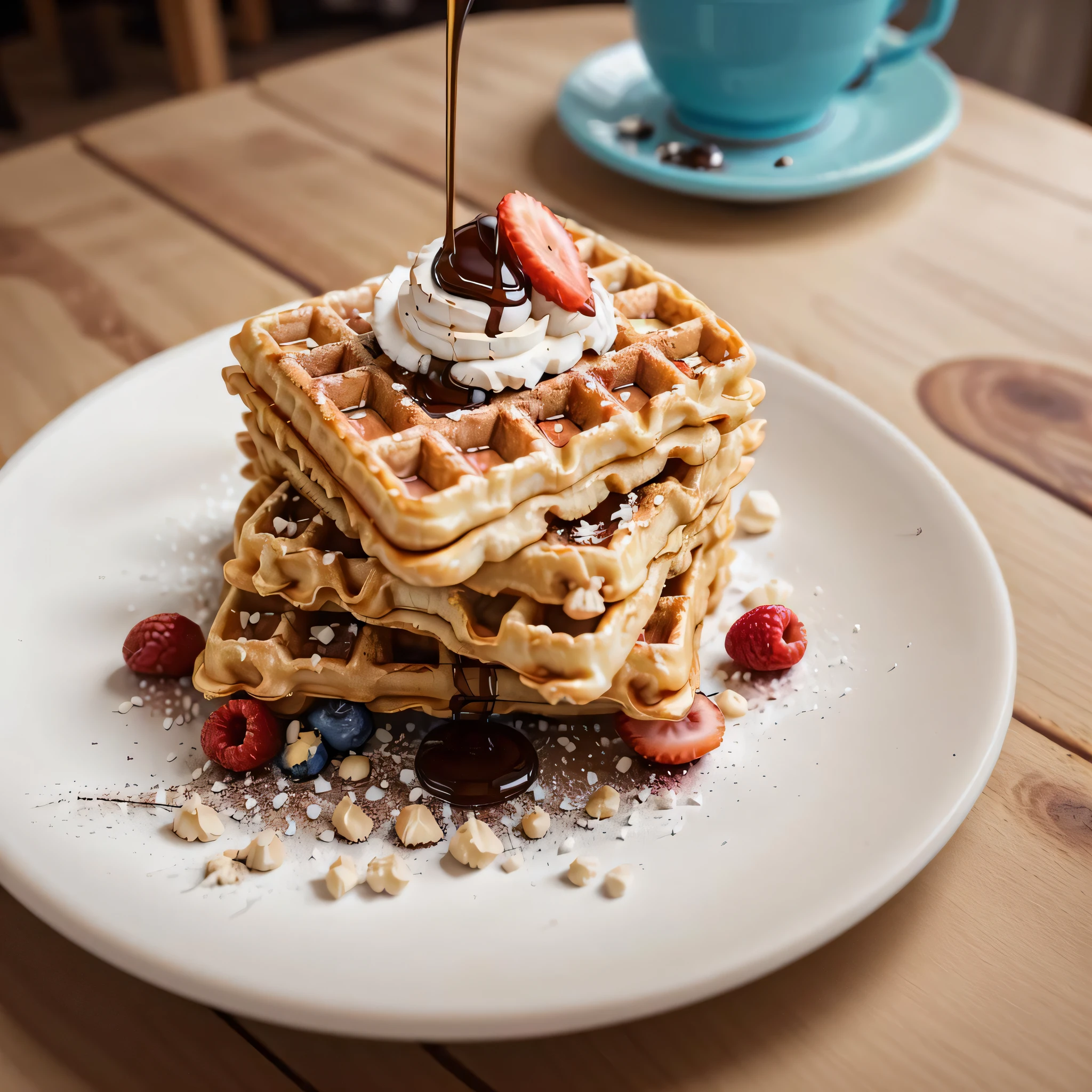 RAW photo, waffles, foodphoto, dslr, soft lighting, high quality, film grain, Fujifilm XT