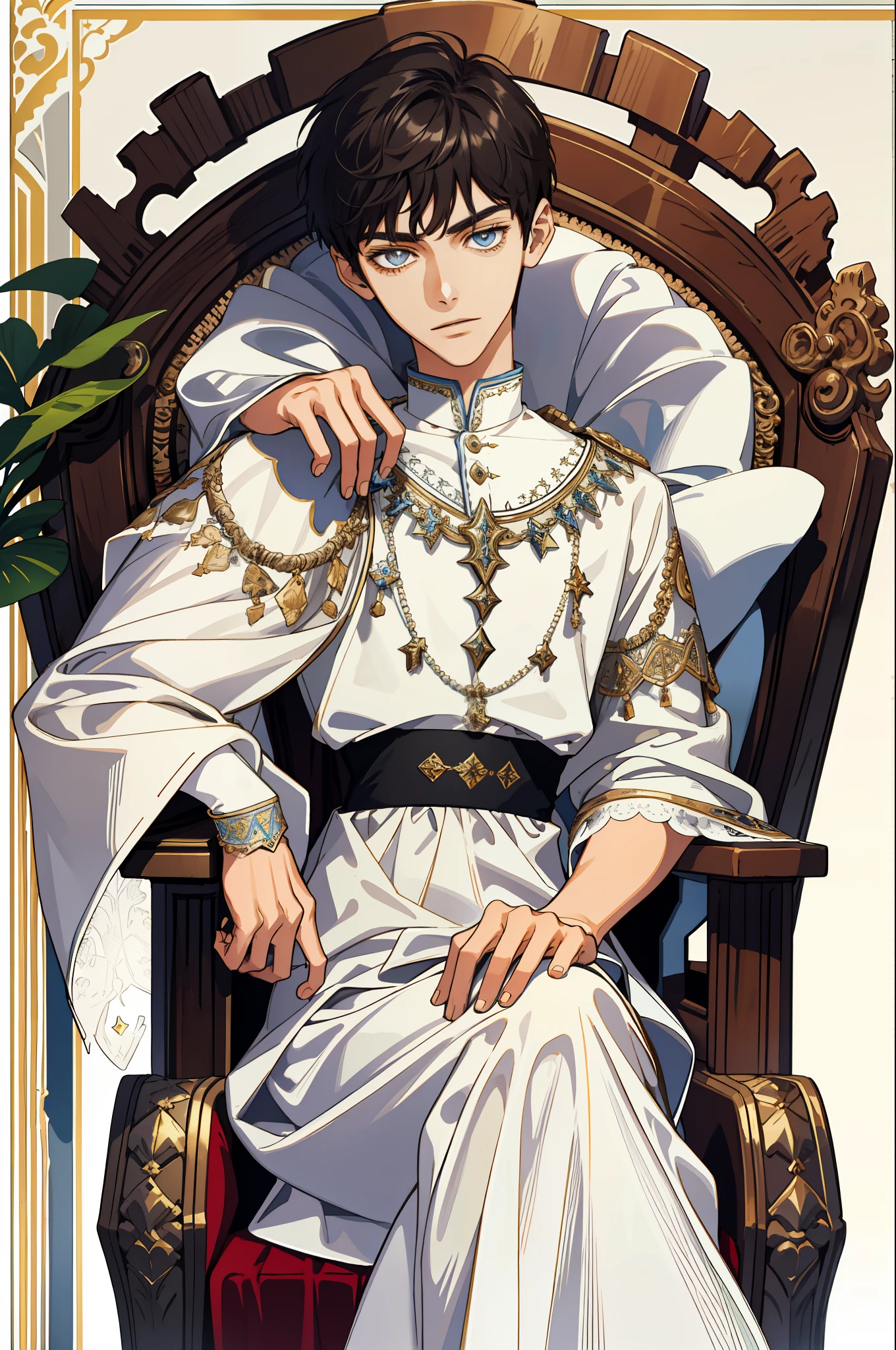 (absurd, tall, ultra detailed), 1 pre teen,ropa romana,12 years old, handsome, young face, broad shoulders, finely detailed eyes and detailed face, short hair,magnificent background,stone throne,rustic throne,wabtoon