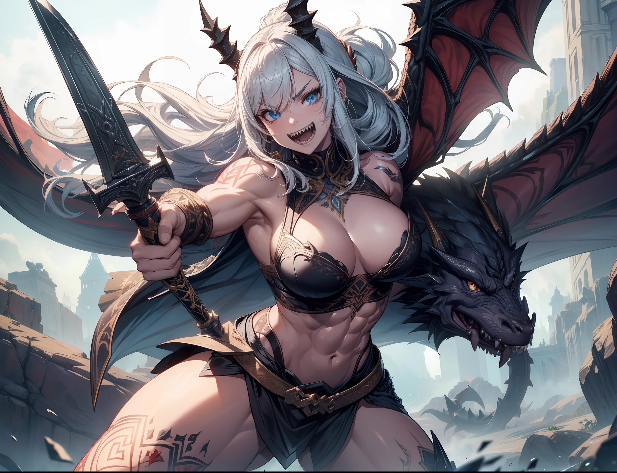(A muscular and monstrous barbarian girl wielding a massive sword, adorned with intricate tattoos, and baring sharp teeth) + dynamic pose + intricate details + joyfully laughing, with her dragon as a pet