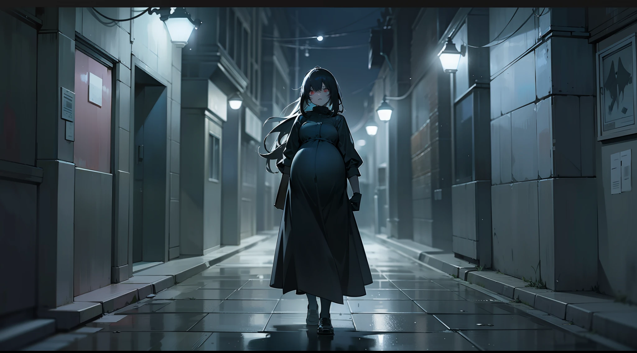 dark scene, long shot, a pregnant woman walking alone in a dark street, lights out, creepy ambience, horror scene, scary