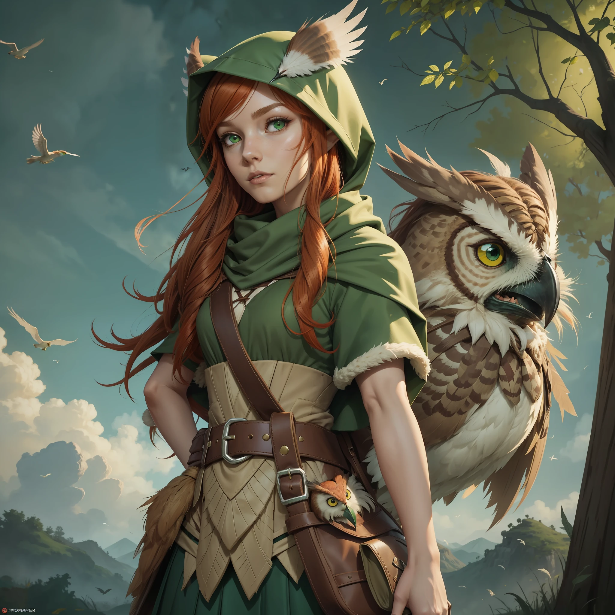 Grass, Sky, Field, League of Legends, 1girl, elfin, druid, animal ears, bandage legs, long legs, bandage, bandage, bird legs, high shoes, bird skull, cape, shut up, ears by headdress, eyes visible through hair, facial drawings, feathers, hood, hooded cape, long hair, brown green eyes, Ginger, red hair, farbite hair, armor, blue scarf, scarf, scarf, scarf long hair, hooded scarf, green clothes,  green skirt, long skirt, leather armor, nose ring, nostrils, backpack, big owl in background, owl as companion