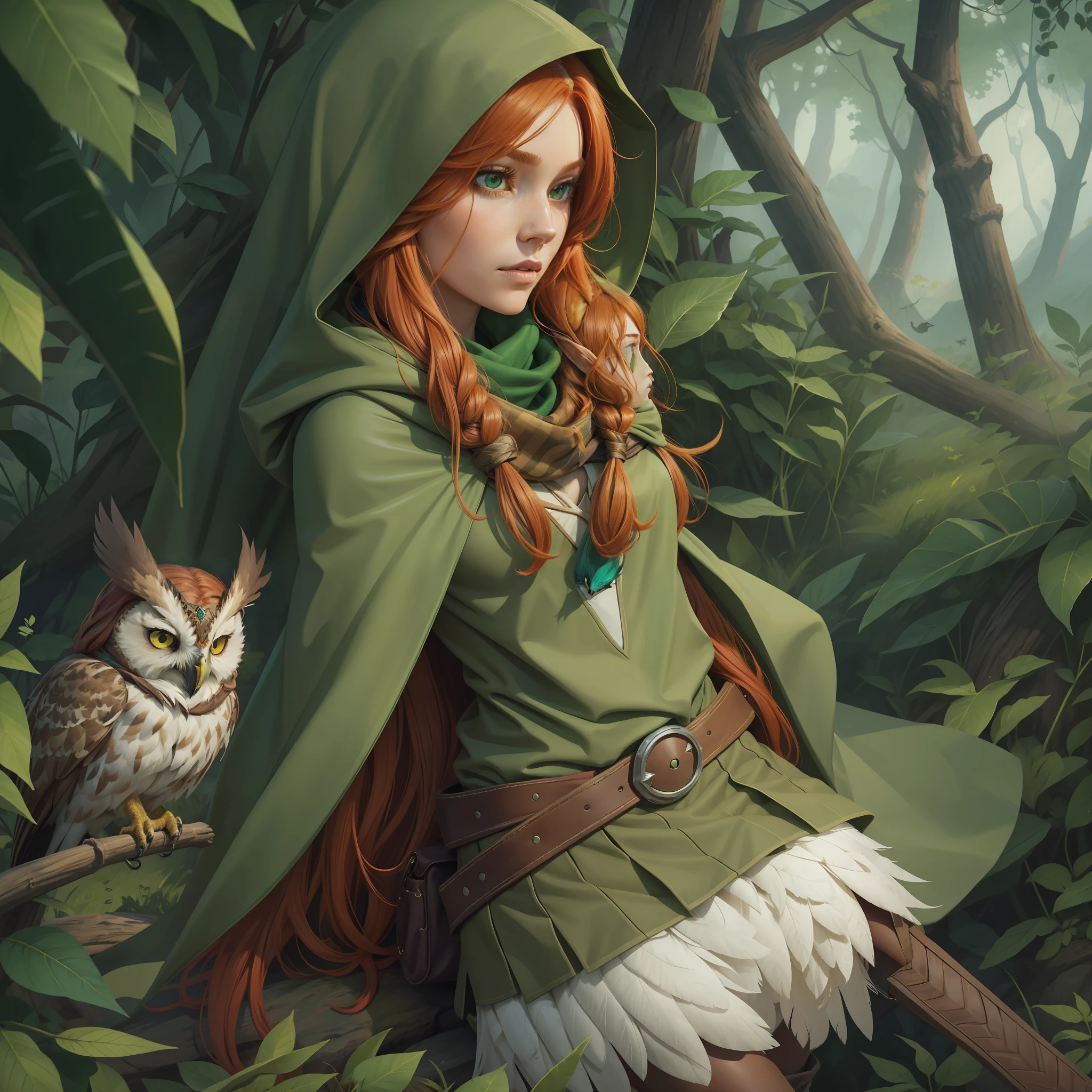 Grass, Sky, Field, League of Legends, 1girl, elfin, druid, animal ears, bandage legs, long legs, bandage, bandage, bird legs, high shoes, bird skull, cape, shut up, ears by headdress, eyes visible through hair, facial drawings, feathers, hood, hooded cape, long hair, brown green eyes, Ginger, red hair, farbite hair, armor, blue scarf, scarf, scarf, scarf long hair, hooded scarf, green clothes, green skirt, long skirt, leather armor, nose ring, nostrils, backpack, big owl in background, owl as companion
