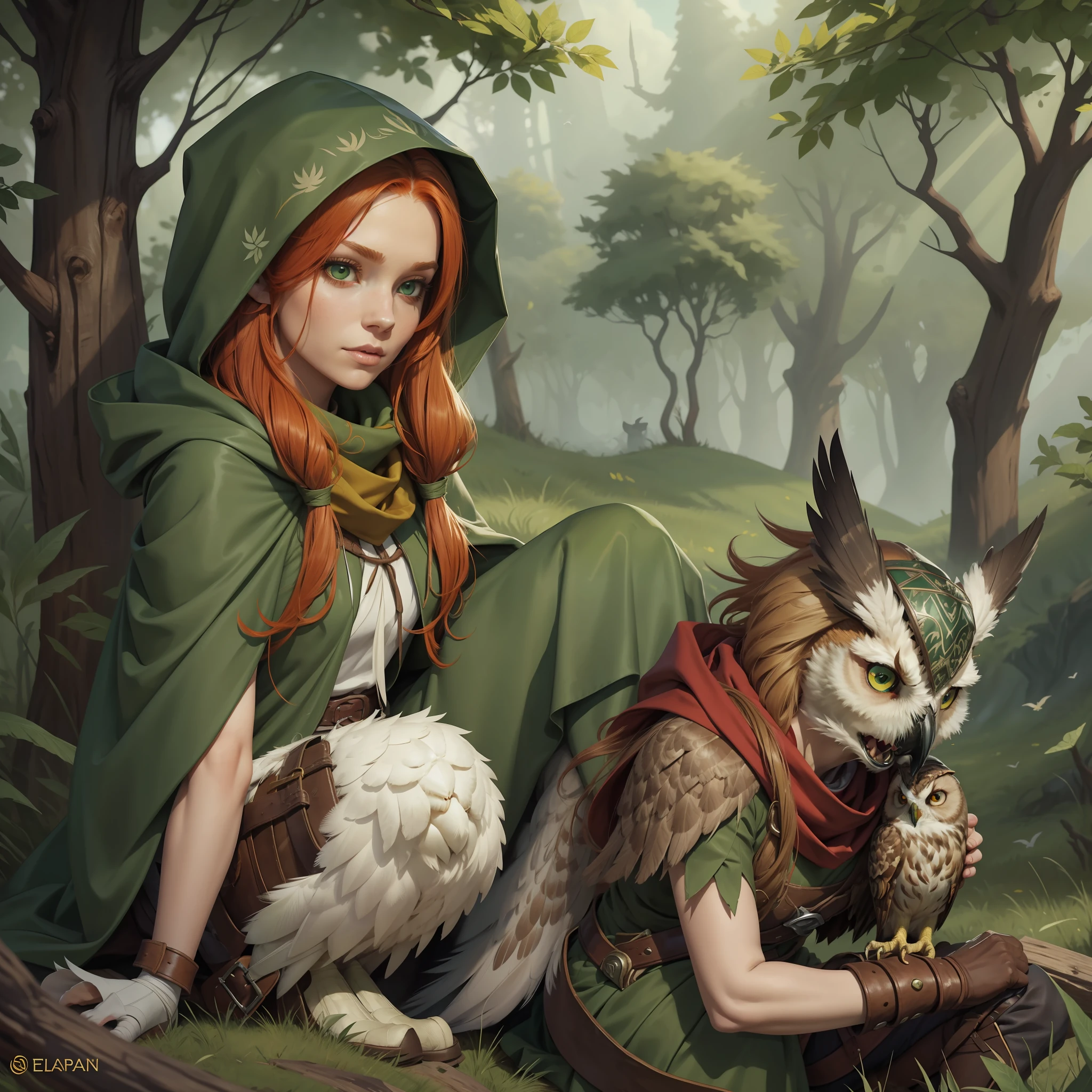Grass, Sky, Field, League of Legends, 1girl, elfin, druid, animal ears, bandage legs, long legs, bandage, bandage, bird legs, high shoes, bird skull, cape, shut up, ears by headdress, eyes visible through hair, facial drawings, feathers, hood, hooded cape, long hair, brown green eyes, Ginger, red hair, farbite hair, armor, blue scarf, scarf, scarf, scarf long hair, hooded scarf, green clothes, green skirt, long skirt, leather armor, nose ring, nostrils, backpack, big owl in background, owl as companion