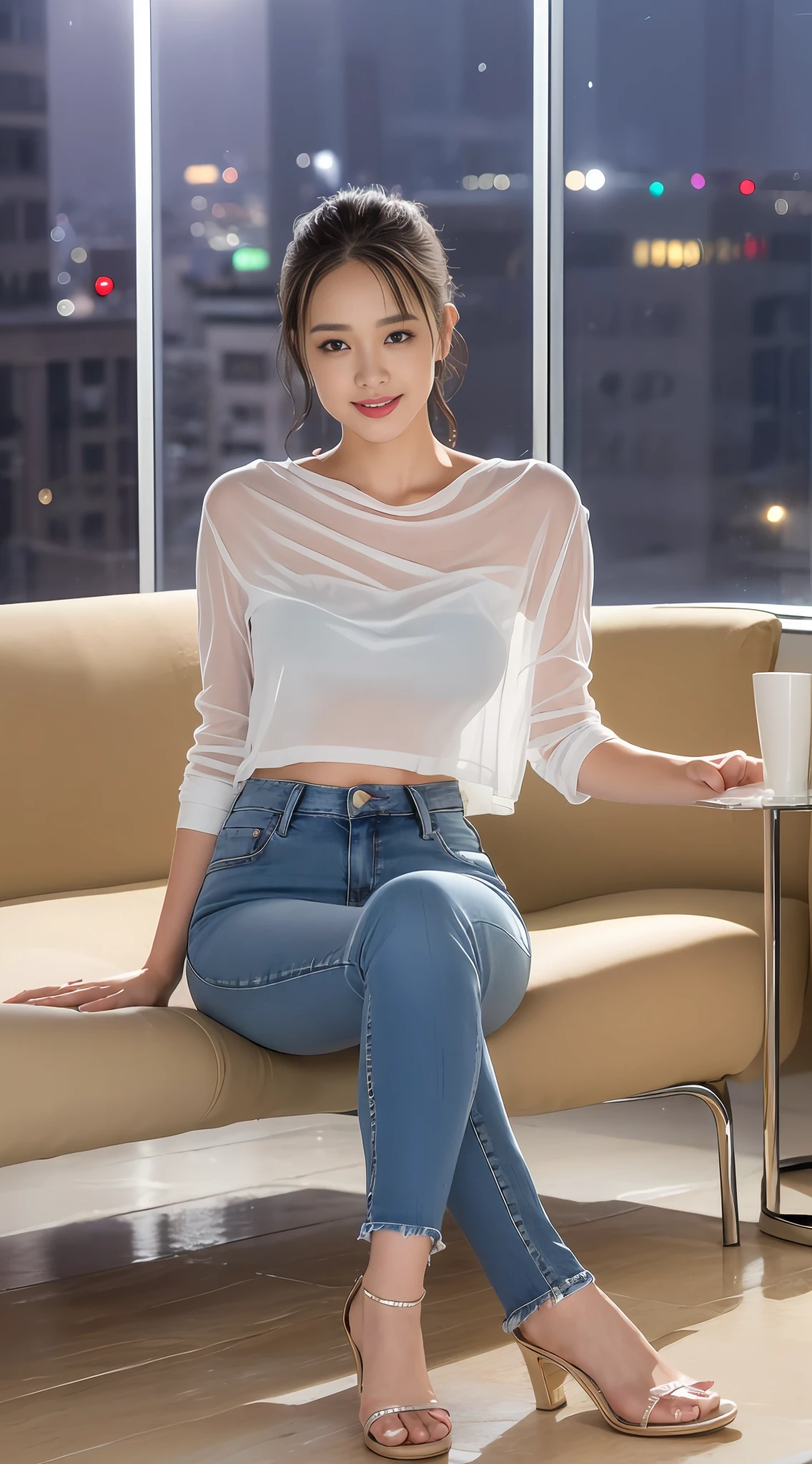 ((Best Quality, Realistic, 8K, Masterpiece: 1.3)), Focus: 1.5, Perfect Figure: 1.4, (Fluffy Short Ponytail Straight Hair, Vertical and Soft Flowing Hair, Detail: 1.3)), ((Wet Clothes: 1.1), Semi-Nude, Sheer Shirt, Smoked Grey, Transparent, Bare Breasts, 1.5, (Low-rise Crop Bottom Jeans, Mopping and Microflared, Holes: 0. 5, Advanced texture: 1.3, detailed grain and stripes: 1.3), (Delicate stiletto heels crystal band sandals, high quality: 1.2)), Highly detailed face and skin texture, fine eyes, double eyelids, skin whitening, goose egg face, swollen eyes, healing smile, (female focus, waist focus, close focus, HD shooting, petite, long legs, beautiful night view, luxury office, floor-to-ceiling windows, long desk, large sofa chair, hips: 0.6, sitting position (full body: 1.8))