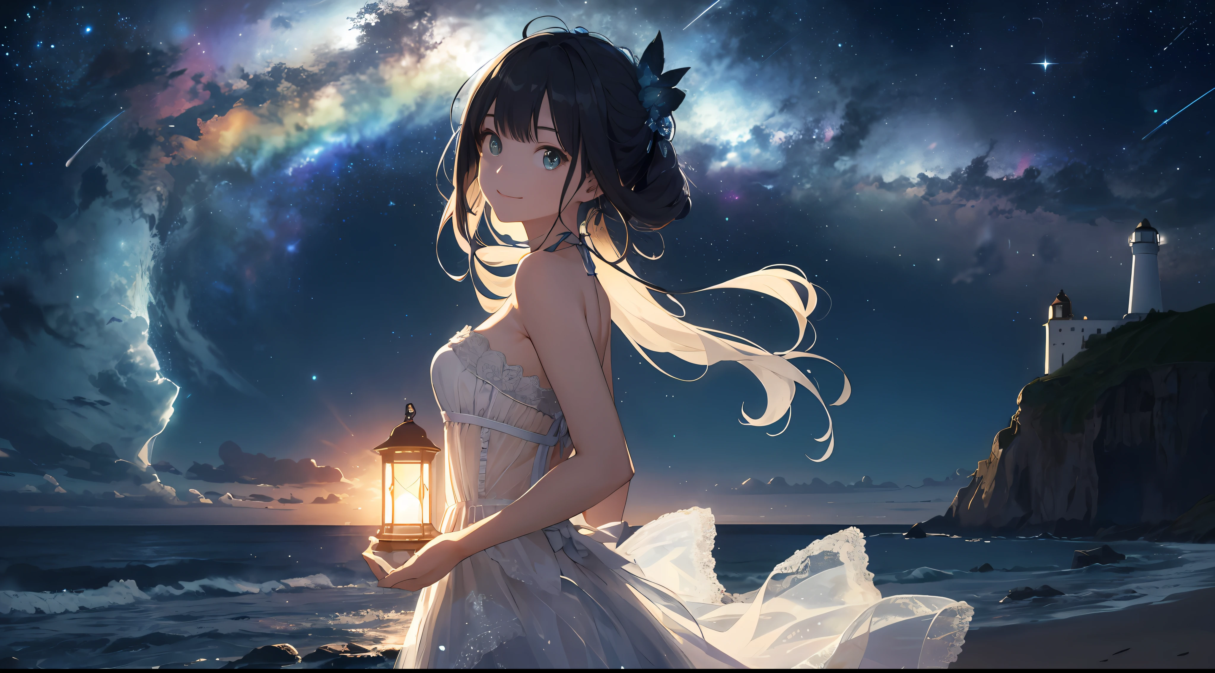 (Best Quality: 1.5), (Super Detail: 1.5), (Best Quality Photo: 1.5), Bright lighthouse standing on the cape, ocean as far as the eye can see, horizon, pitch black sea, full moon night, rainbow, late night, many lanterns dancing in the sky, scenic, beautiful landscape, galaxy, nebula, full of stars, particles of light, very delicate and beautiful, very detailed, bioluminescence, cinematic light, mysterious, cinematic angle, 8k resolution, elegant, perfect, smooth, beautiful girl looking far away, very cute, smile, (delicate and beautiful eyes: 1.2), (girl: 1.5),lace,ribbon,strapless,luxurious accessories