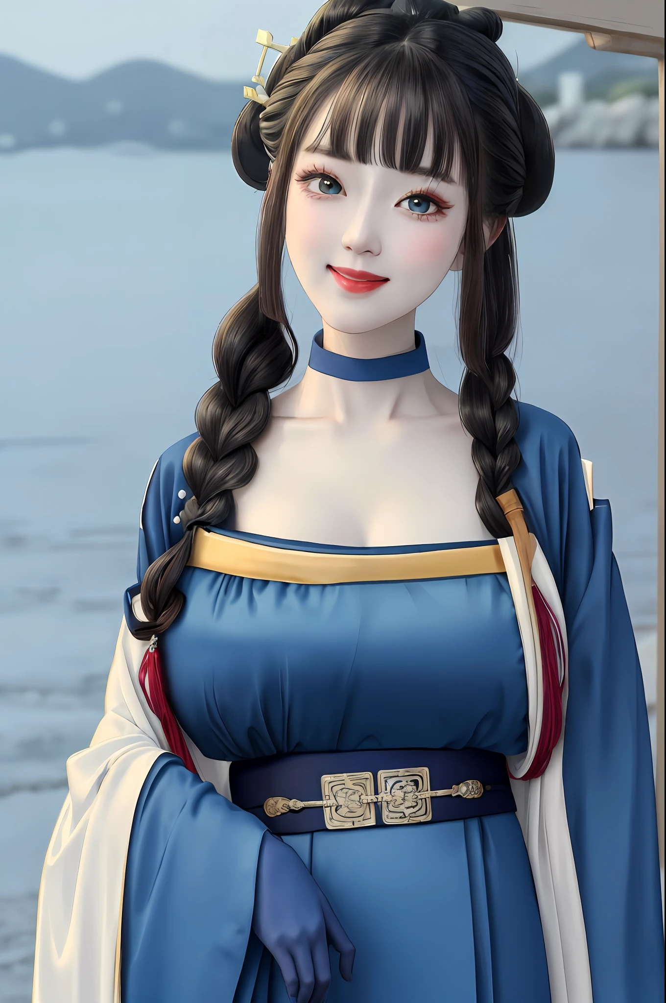 ((wide shot)),(full body),

((wide shot)),(full body), 1girl, [(blue ru_qun:1.4):(hanfu:1.4):0.2],perfect natural breasts(big breasts under wearing),(kpop idol:0.2),pearl skin,real human skin, black choker, red hair ornament,white detailed clothes, (blue obi:1.4), 

(extremly berutiful detailed face), happy mood, detailed eyes, thick eyebrows, red eyeshadow,shiny eyes, looking at viewer,smile,(smooth chin:0.85), long hair, blunt bangs, braid, golden hair ornament,
