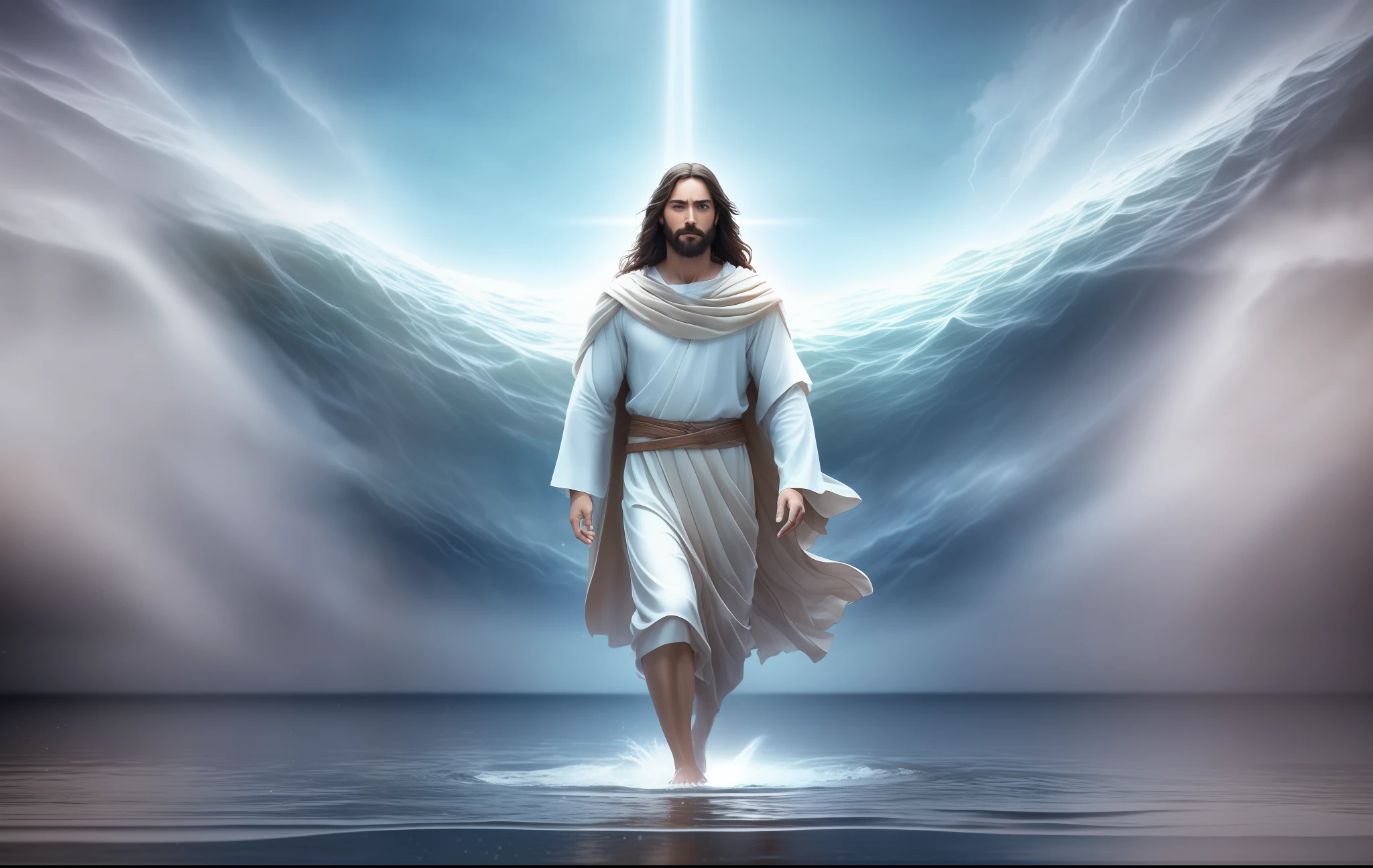 Jesus walking on water in a storm, gentle expression, streaks of light coming down from the sky, masterpiece, highest quality, high quality, highly detailed CG unit 8k wallpaper, award-winning photos, bokeh, depth of field, HDR, bloom, chromatic aberration, realistic, very detailed, trending at artstation, trending at CGsociety, complex, high detail, dramatic, mid-journey art, volumetric lighting