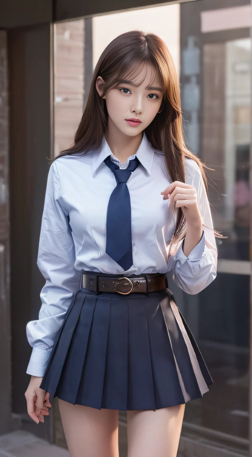 (top quality, high resolution, masterpiece: 1.3), 18 year old girl, tall and pretty woman, slender abs, dark brown hair styled with straight hair, chest, wearing tie, white button-up shirt, dark blue jacket, belt, dark blue pleated skirt, (school in background), exquisitely rendered details on face and skin texture, detailed eyes, Double eyelids, upper eyes, cheeks slightly pink