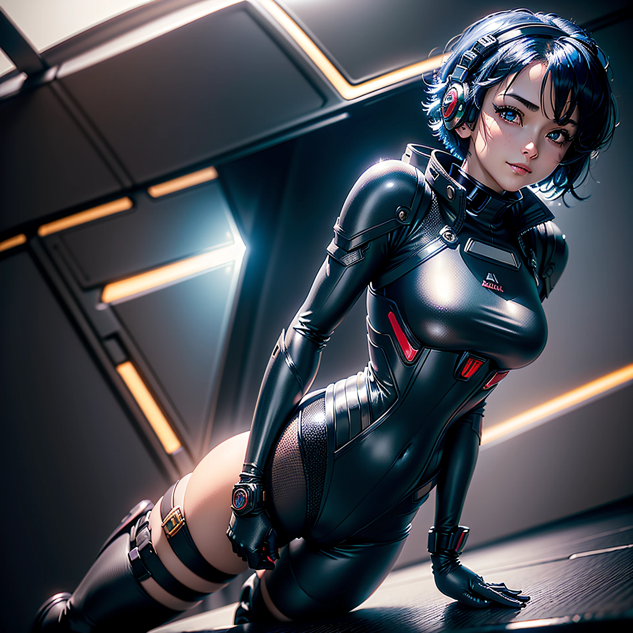 (masterpiece, highest quality, highest resolution, distinct_image, very elaborate CG, cinematic lighting, ray tracing, drop shadows, detailed detail, (photorealistic: 1.4), high quality textures, fine-grained, realistic face expression): (single girl, face is Japan, blue haired girl, short hair, small size breasts, Detailed Gundam cockpit with sparkly black colored eyes, eye level shots, metallic black colored flight suit, tight fitting clothes, full-body covering clothes, light smile, beauty, slim body, exoskeleton, heroine, headset, long boots, gloves, solo ride)