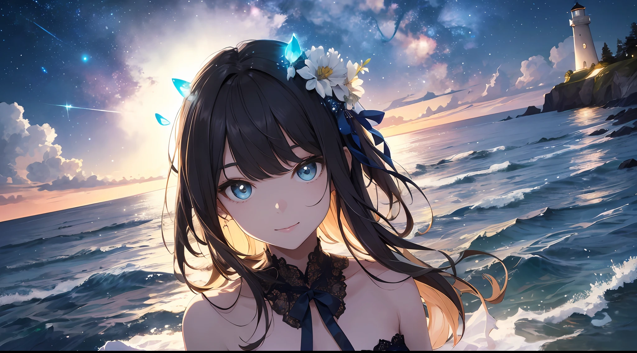 (Best Quality: 1.5), (Super Detail: 1.5), (Best Quality Photo: 1.5), Bright lighthouse standing on the cape, ocean as far as the eye can see, horizon, pitch black sea, full moon night, rainbow, midnight, lantern flying in the sky as far as the eye can see, scenic, beautiful landscape, galaxy, nebula, full of stars, particles of light, very delicate and beautiful, very detailed, bioluminescence, cinematic light, mysterious, cinematic angle, 8k resolution, elegant, perfect, smooth, beautiful girl looking far away, very cute, smile, (delicate and beautiful eyes: 1.2), (girl: 1.5),lace,ribbon,strapless,luxury accessories
