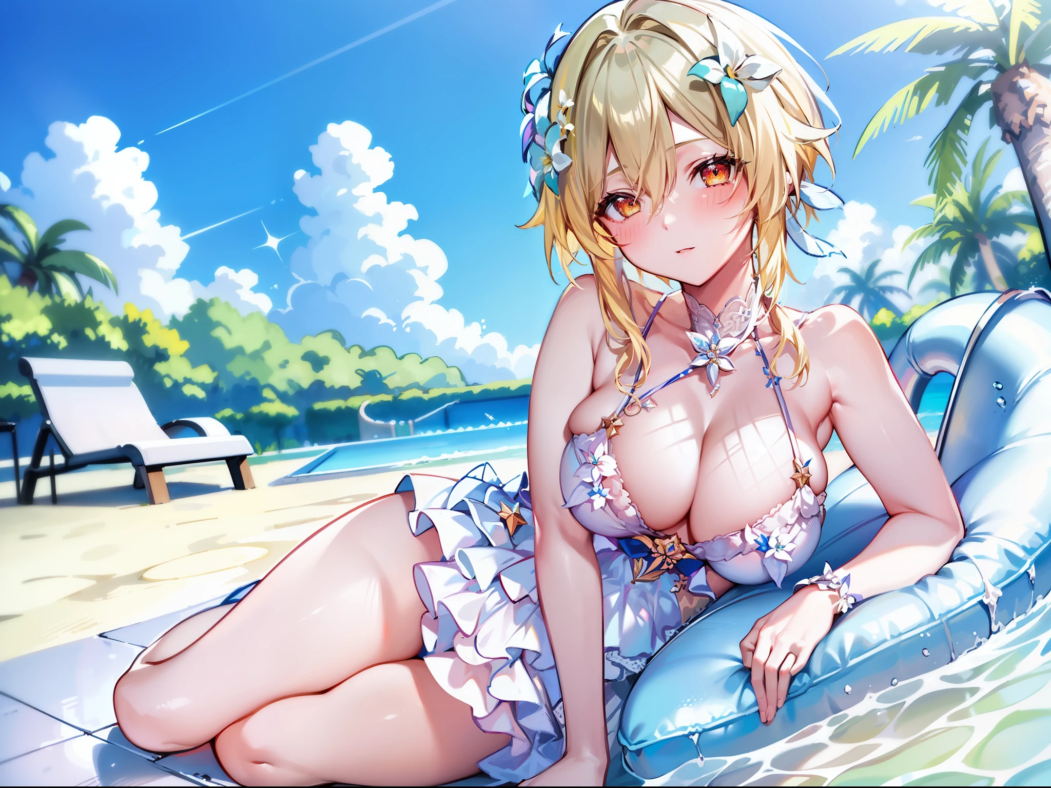 masterpiece, best quality, highy resolution, 1girl, solo, lumine (genshin impact), blonde hair, short hair, white flower ornament hair, summer dress, pool, sunny, blushes, big breasts, upper breasts, captivating, attractive, gorgeous, smooth, glowing skin, full body, lying by the pool