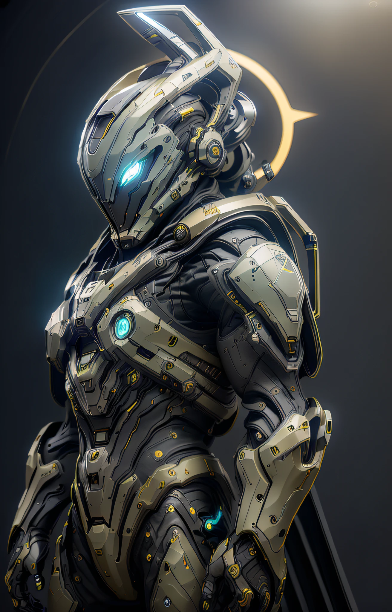 nousr robot masterpiece, best quality, 8k, fantasy painting of beautiful cyborg man, warframe style, black silver gold, ultra detailed, ambient light, volumetric lighting, (dark night:1.4) mars mountain, reflection of light, reflective lighting, sharp focus, battle pose, face focus