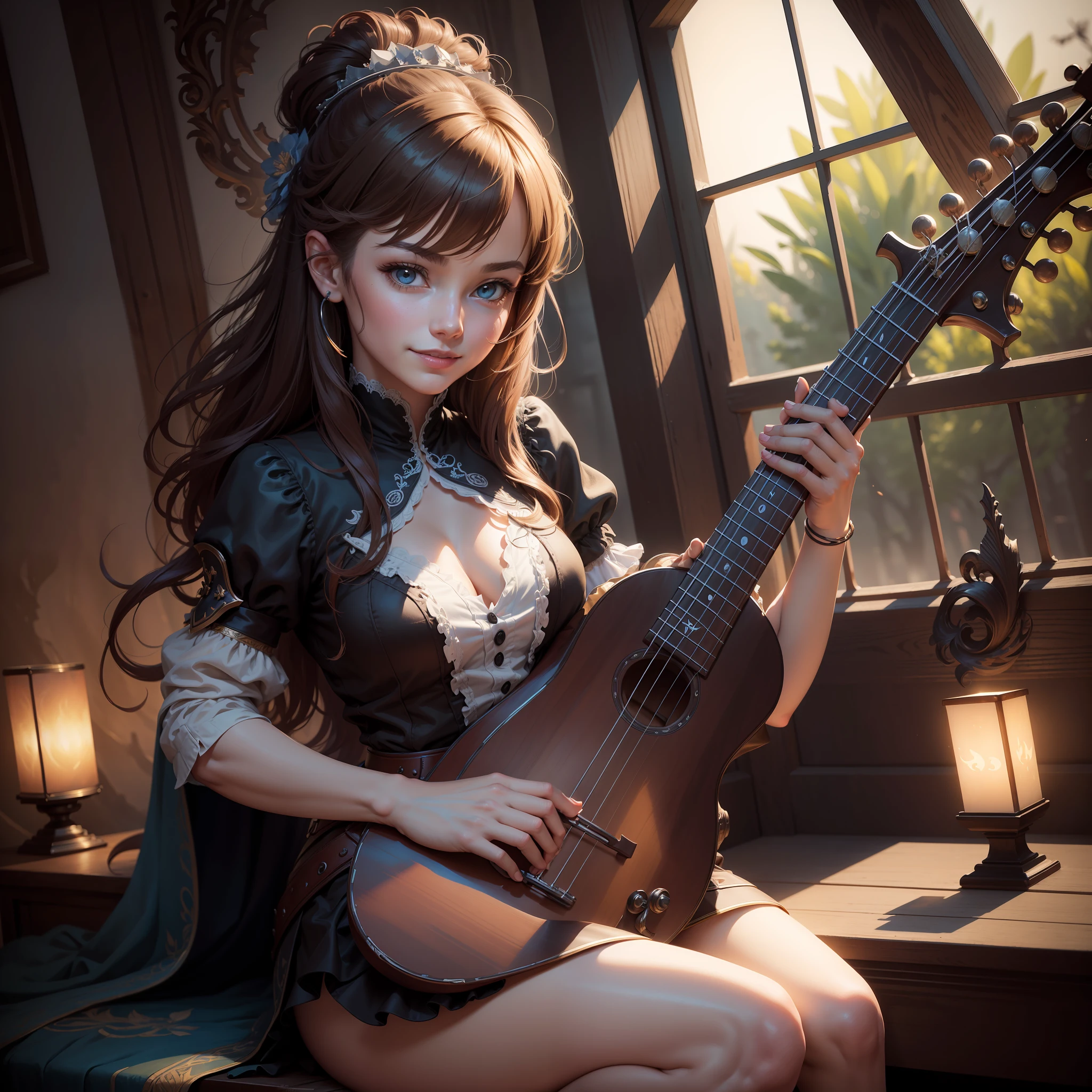 masterpiece, best quality, (very detailed CG unified 8k wallpaper), (best quality), (best illustration), (best shadow), real, realistic lighting, (abyss), beautiful detailed glowing, the art of PeterMohrbacher, 1girl, (solo:1.5), bard, the whole body, playing a lute, beautiful, very beautiful, delicate face, realistic expression, skirt with slits, lace panties, legs apart, smile, woman,