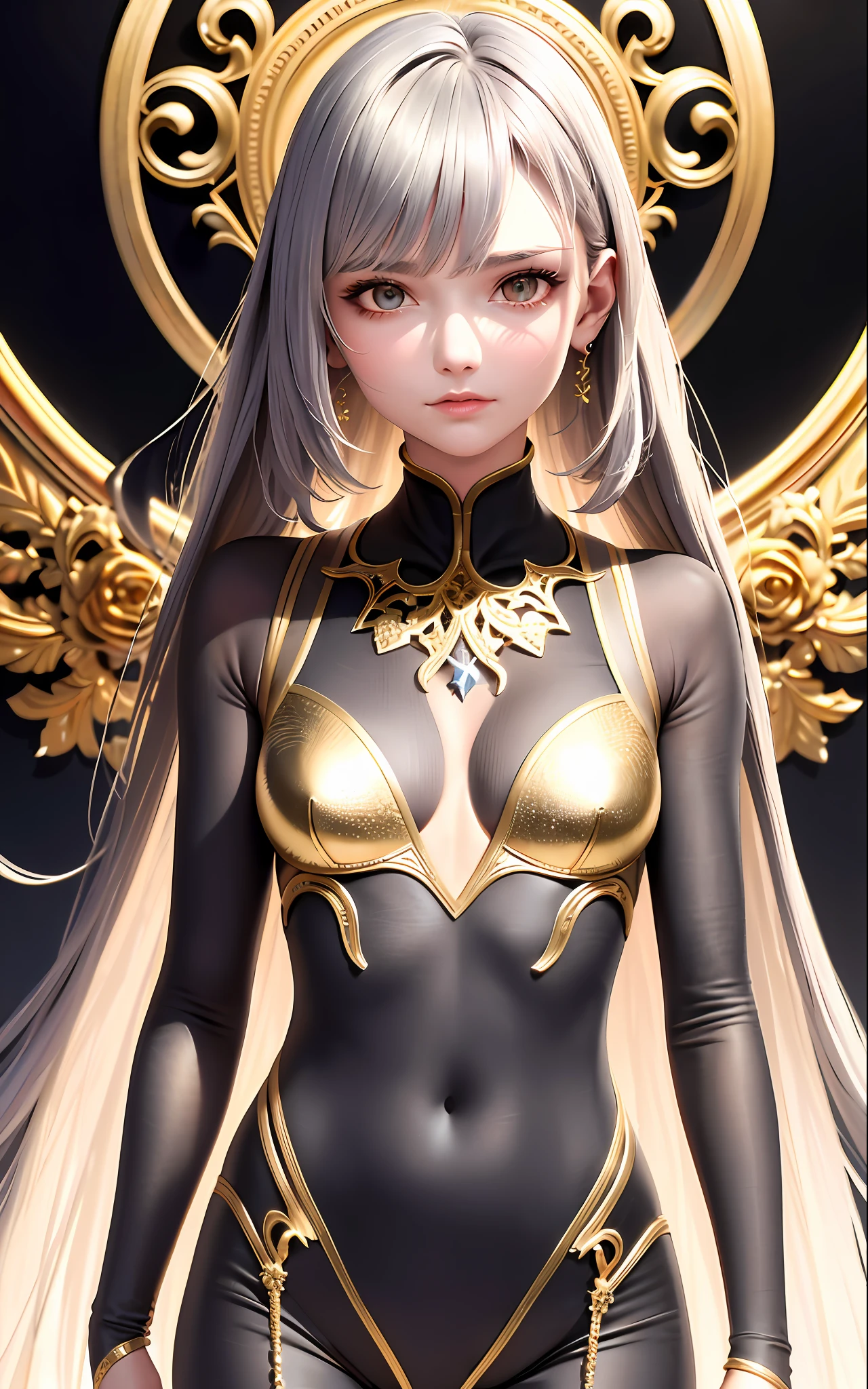 Superb Style, Masterpiece, High Resolution, Best Quality, UHD, Super Detail, Award-Awarded, 16k, (Upper Body), A Beautiful Girl, Gray Hair, Hair, (((Golden Eyes))), Hanging Corners, Fair Skin, (Small Breasts), (Slim Body), (((Suit)))