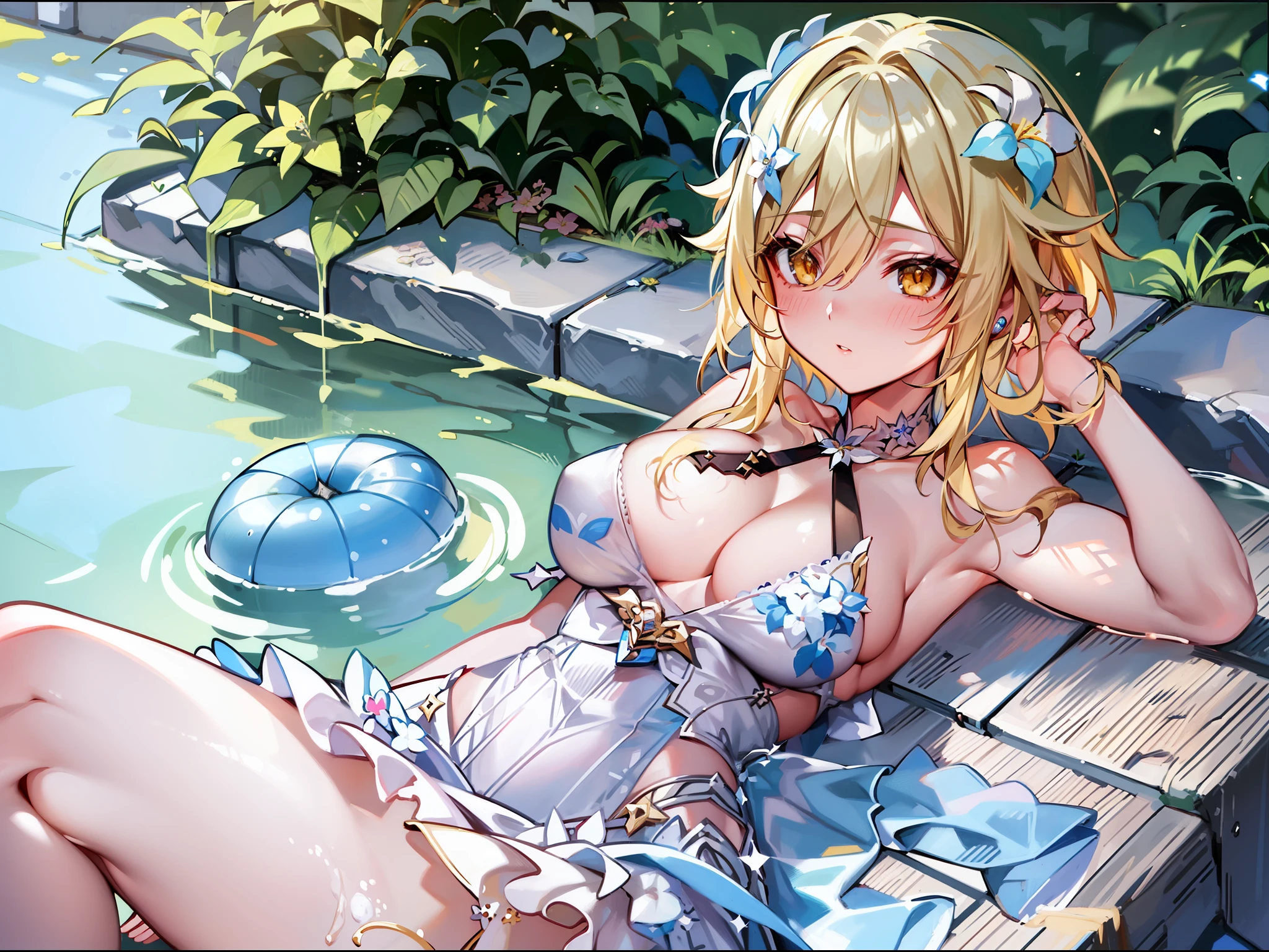 masterpiece, best quality, highy resolution, 1girl, solo, lumine (genshin impact), blonde hair, short hair, white flower ornament hair, summer dress, pool, sunny, blushes, big breasts, upper breasts, captivating, attractive, gorgeous, smooth, glowing skin, full body, lying by the pool