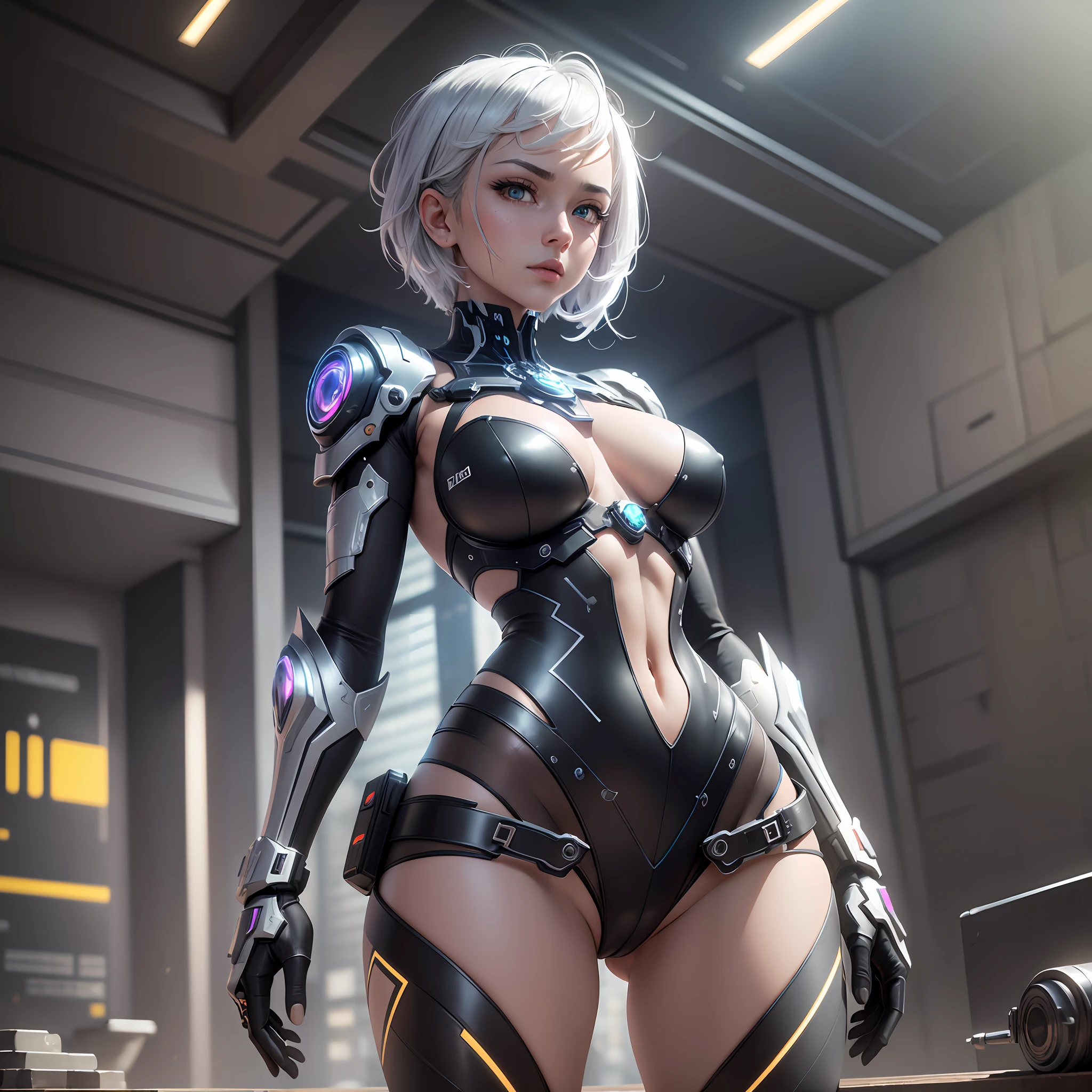 ((8k, masterpiece, best quality)), ultra-detailed, detailed beautiful round eyes, beautifully detailed face, (beautiful detailed breasts), high quality, high resolution, cyberpunk, beautiful, Reality, HDR (High Dynamic Range), Ray Tracing, NVIDIA RTX, Super Resolution, Unreal 5, Subsurface Scattering, PBR Textures, Post-Processing, Anisotropic Filtering, Depth of Field, Maximum Clarity and Clarity, Multilayer Textures, Albedo and Specular Maps, Surface Shading,  accurate simulation of light-material interaction, perfect proportions, Octane Render, two-tone lighting, large aperture, low ISO, white balance, rule of thirds, 8K RAW, efficient sub-pixel, sub-pixel volume product, cyborg girl wearing sexy outfit, solid chest, (transparent dress: 1.2), mecha, city ruins, perfect ass, perfect breasts, perfect face, perfect body, night, naked body,  white hair, hands on, (short hair:1), (female lock:1), (seductive) --auto --s2