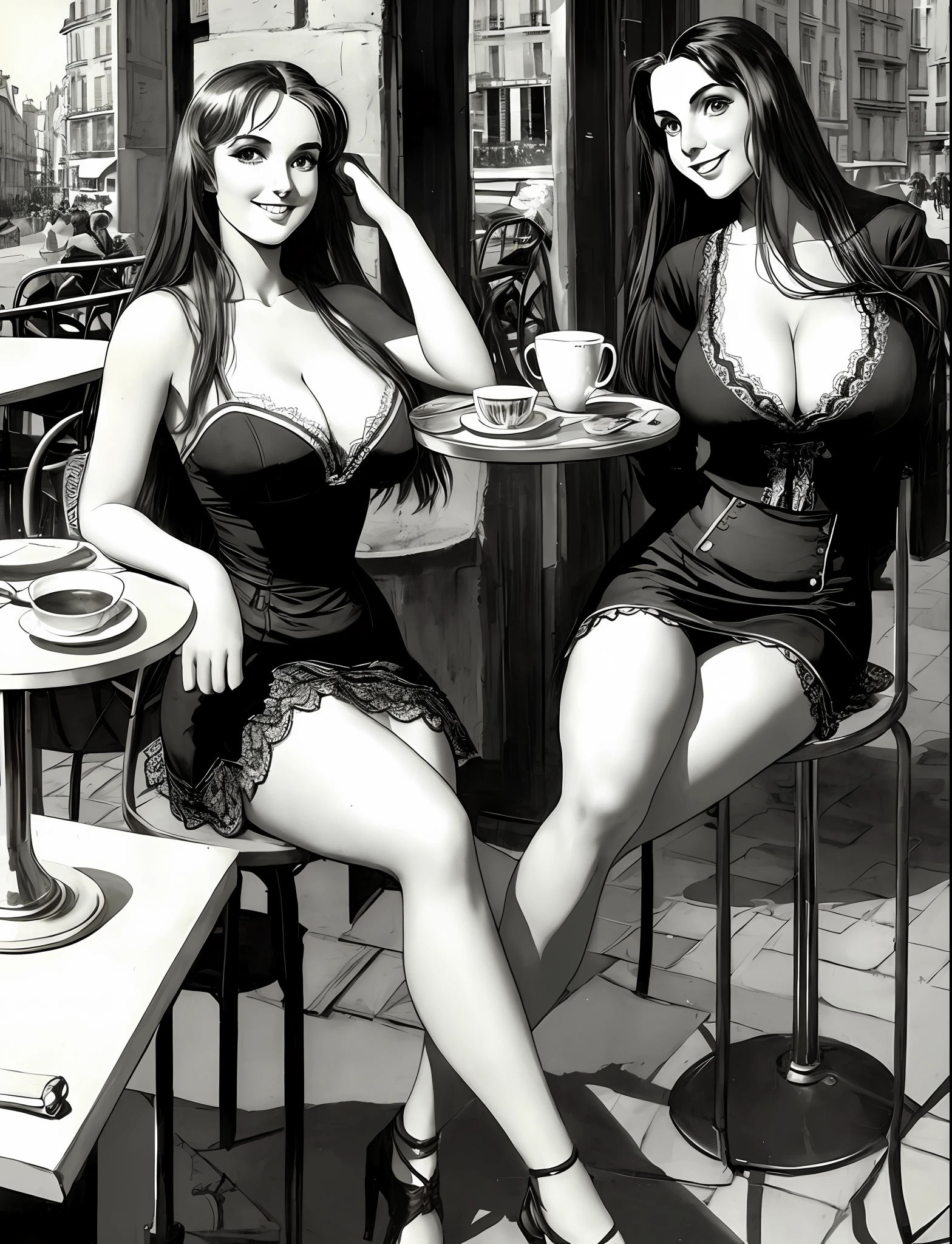Bill Ward's art, illustrations, pretty girls, long hair, perfect glass hour body, huge breasts, super small waist, vintage tight sexy lace skirt, feminine characteristics obvious, smile, sitting in a street café in Paris drinking coffee