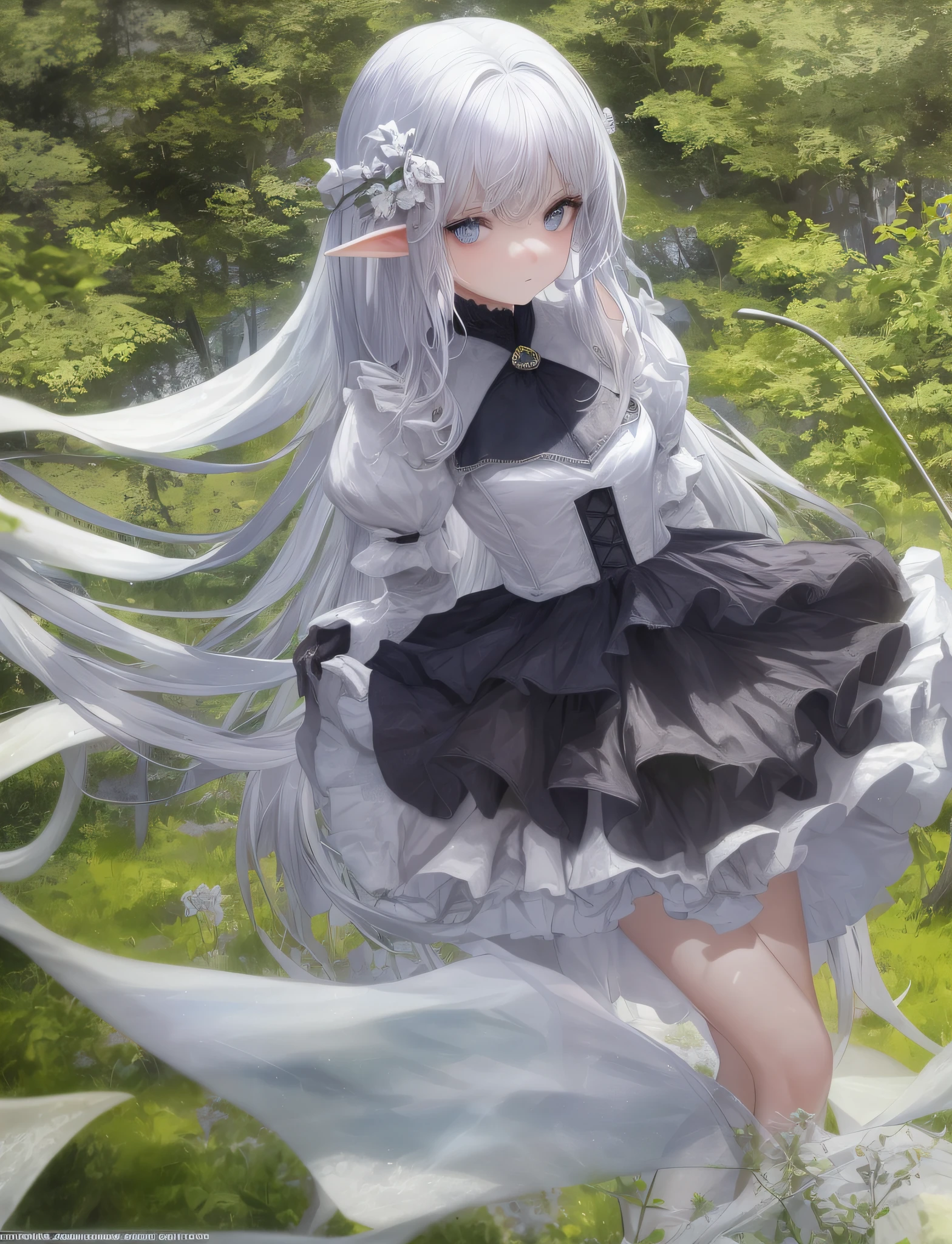Girl, 18 years old, hot body, fair skin, round face. She has bright blue eyes, long straight silver hair that reaches her waist, and a small nose. Her appearance is unique and mysterious, and her body exudes a hint of ethereal air. She stands in the middle of the enchanted forest, wearing a flowing white transparent minidress and a circle of wildflowers. She was holding a cane and looked preoccupied, as if she were casting a spell. The trees around her began to glow softly, and little fairies flew around her. (open legs), (open legs), ((strong primary colors concentrated on yellow)))
