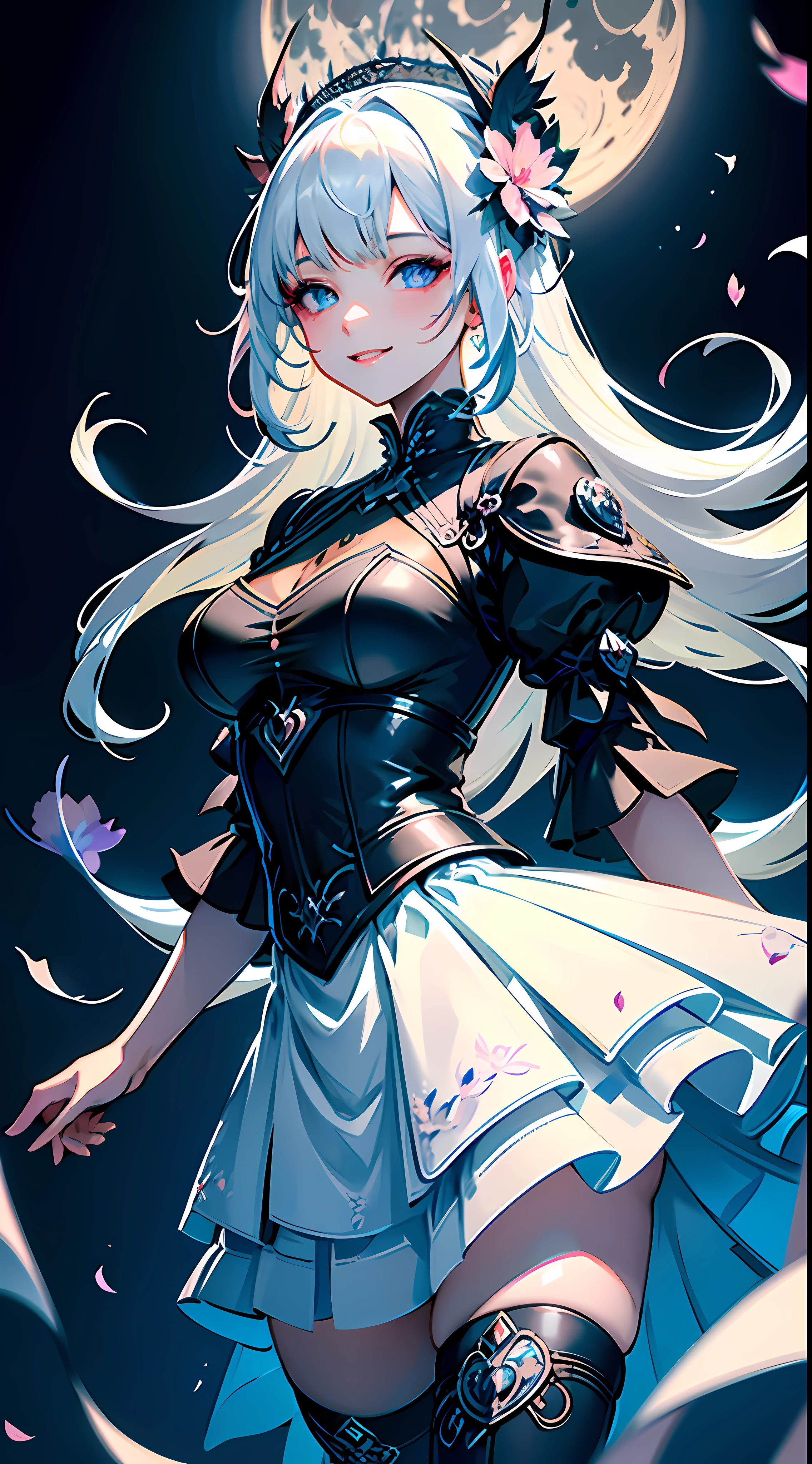 masterpiece, best quality, 1girl, (colorful),(delicate eyes and face), volumatic light, ray tracing, bust shot ,extremely detailed CG unity 8k wallpaper,solo,smile,intricate skirt,((flying petal)),(Flowery meadow) sky, cloudy_sky, moonlight, moon, night, (dark theme:1.3), light, fantasy, windy, magic sparks, dark castle,white hair