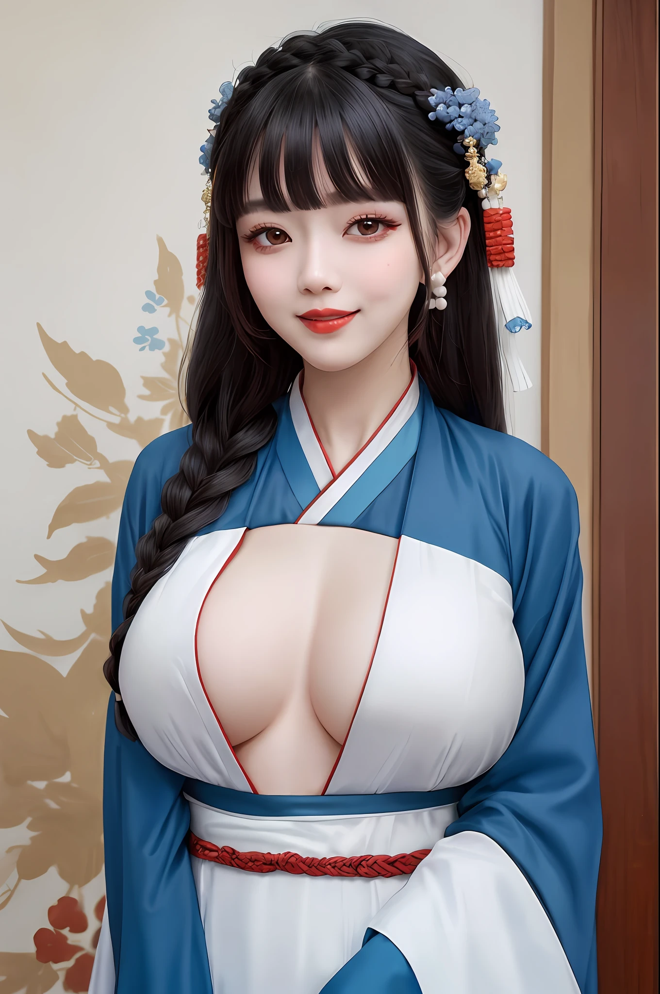 ((wide shot)),(full body),(bend over), 

((wide shot)),(full body), 1girl, [(blue ru_qun:1.4):(hanfu:1.4):0.2],perfect natural breasts(big breasts under wearing),(kpop idol:0.2),pearl skin,real human skin, black choker, red hair ornament,white detailed clothes, (blue obi:1.4), 

(extremly berutiful detailed face), happy mood, detailed eyes, thick eyebrows, red eyeshadow,shiny eyes, looking at viewer,smile,(smooth chin:0.85), long hair, blunt bangs, braid, golden hair ornament,