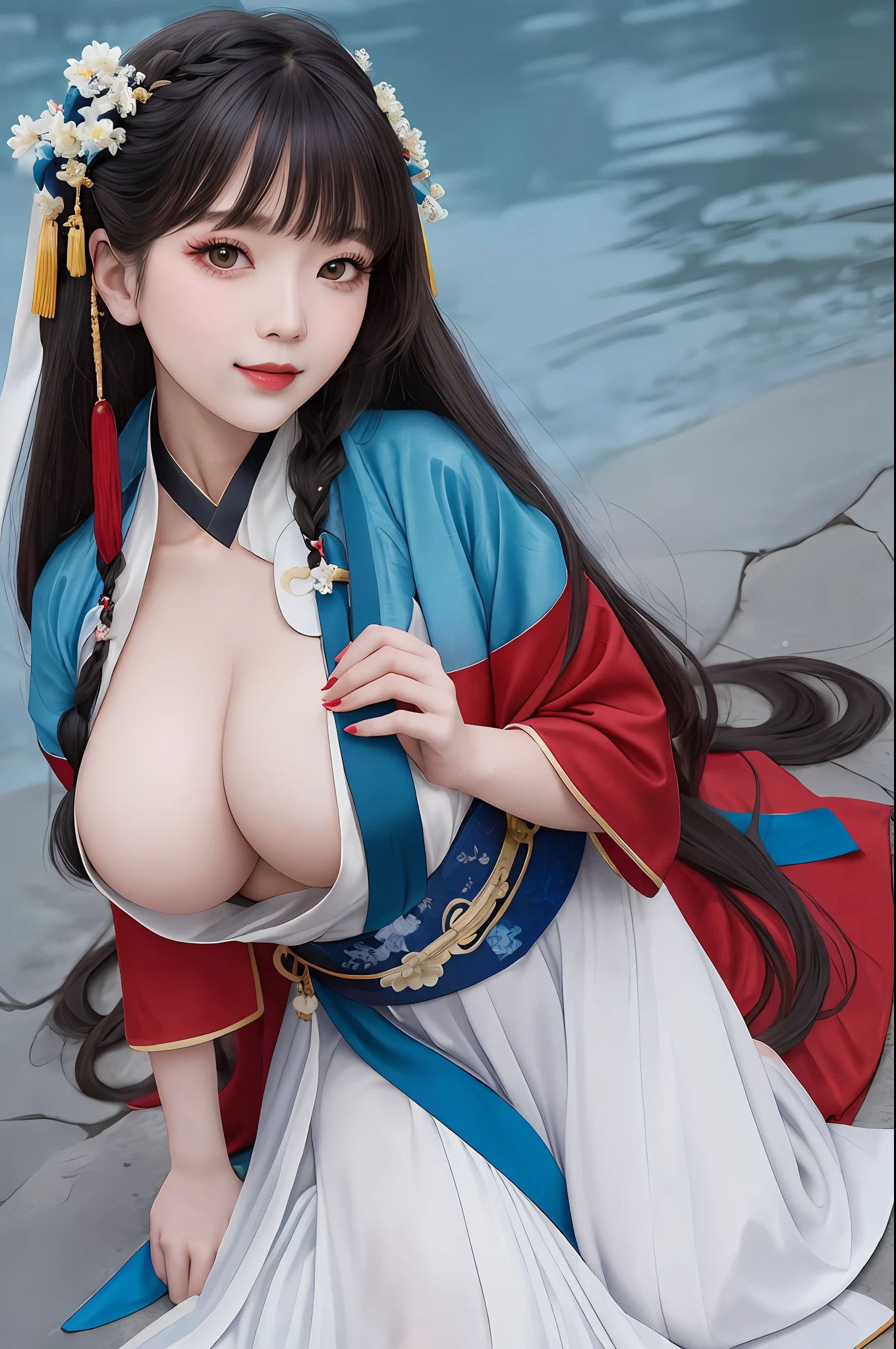 ((wide shot)),(full body),(bend over), 

((wide shot)),(full body), 1girl, [(blue ru_qun:1.4):(hanfu:1.4):0.2],perfect natural breasts(big breasts under wearing),(kpop idol:0.2),pearl skin,real human skin, black choker, red hair ornament,white detailed clothes, (blue obi:1.4), 

(extremly berutiful detailed face), happy mood, detailed eyes, thick eyebrows, red eyeshadow,shiny eyes, looking at viewer,smile,(smooth chin:0.85), long hair, blunt bangs, braid, golden hair ornament,