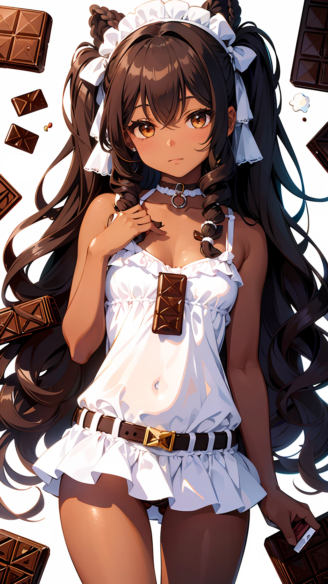 (masterpiece),(best quality),(ultra-detailed),(illustration),detailed candy theme background,(an extremely delicate and beautiful girl),(beautiful face),looking_at_viewer,1 cute black girl with (long curly hair:1.5), dark brown skin, and light brown eyes, (milk chocolate bar theme:1.5), animal ears, animal tail,BREAK, long hair in pigtails,multiple hairbows,ribbons,earring,pendant, candy and sweets all over the background.