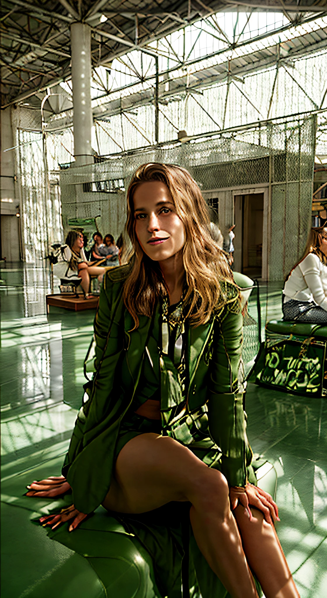woman sitting on a bench in a large room with a green floor, laure lipton, caroline gariba, malika favre, by Amelia Peláez, alana fletcher, genevieve gauckler, serena malyon, virginie ropars, by Emma Andijewska, daniela uhlig, tamara de lepika, by Olivia Peguero