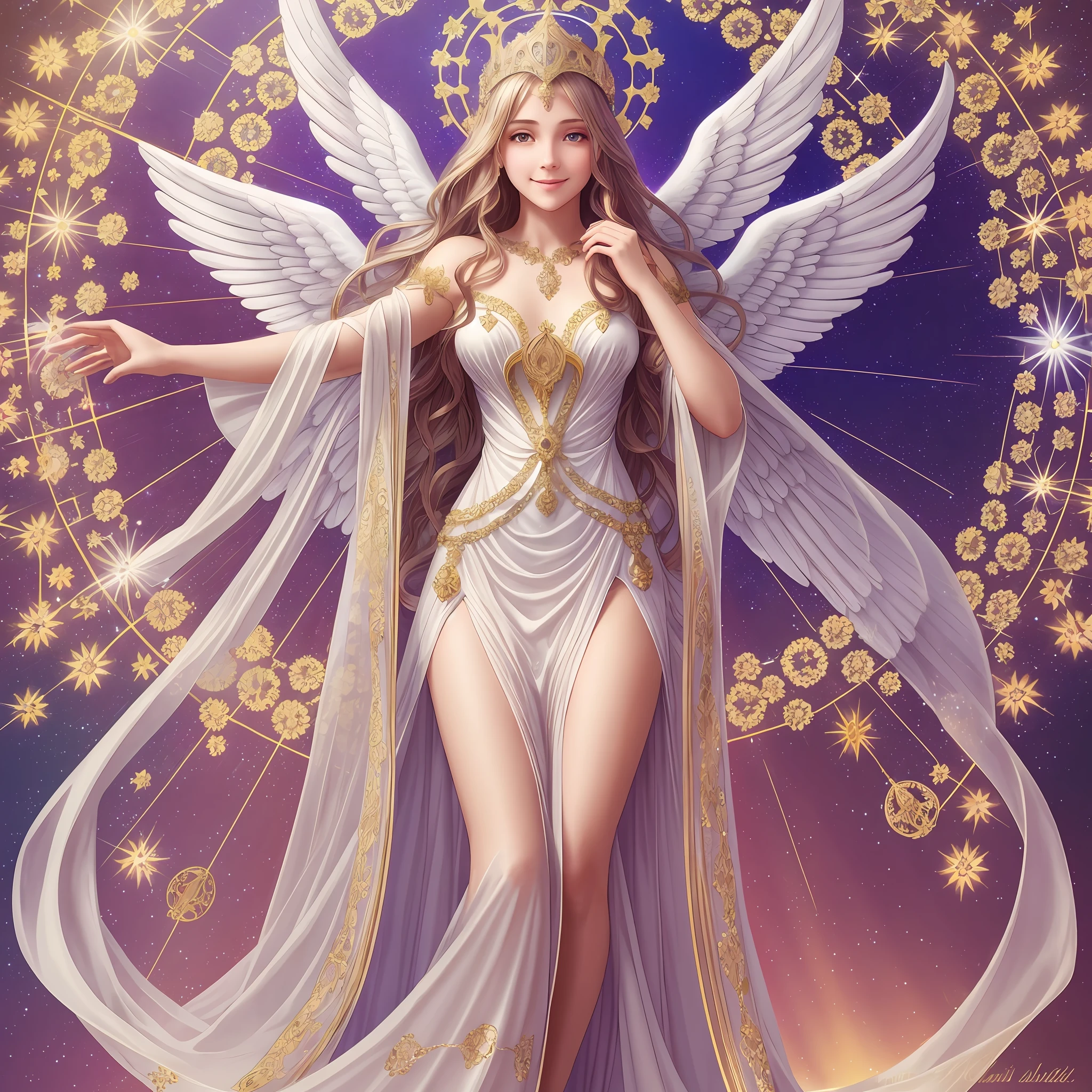 with angel, sparkle, bright smile, light, goddess, heaven, human beauty, Mucha, happiness, high image quality, shine, flower, crystal, lassen, medieval, halo, long dress, standing, prayer --auto --s2