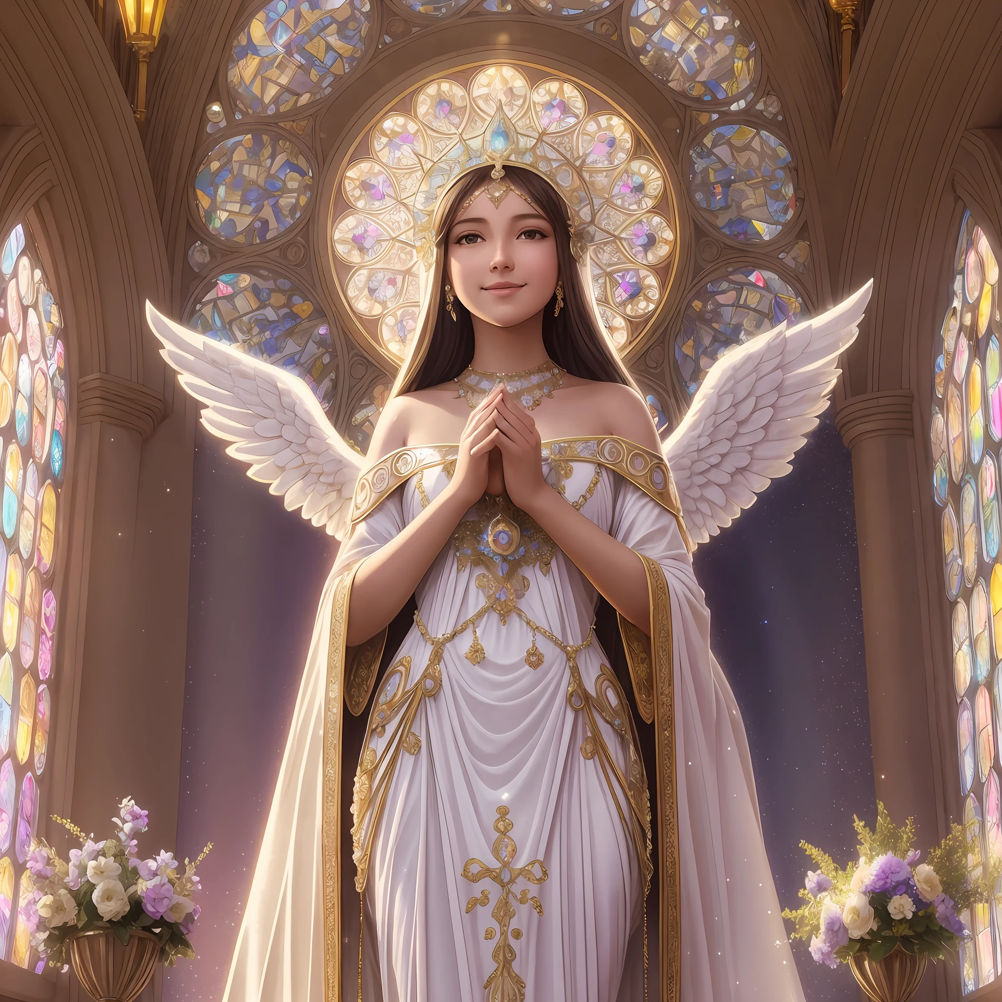 with angel, sparkle, bright smile, light, goddess, heaven, human beauty, Mucha, happiness, high image quality, shine, flower, crystal, lassen, medieval, halo, long dress, standing, prayer --auto --s2