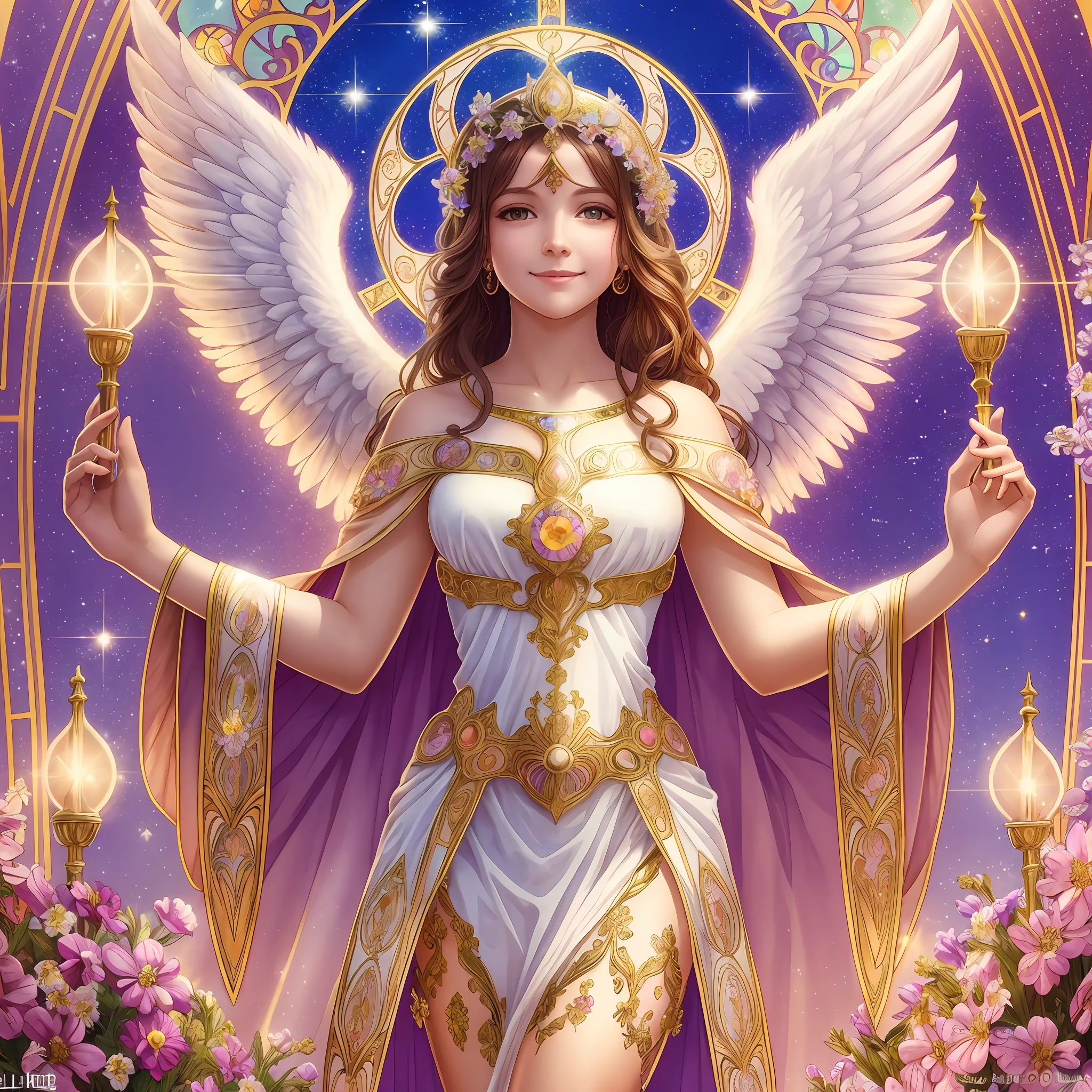 with angel, sparkle, bright smile, light, goddess, heaven, human beauty, Mucha, happiness, high image quality, shine, flower, crystal, lassen, medieval, halo, long dress, standing, prayer --auto --s2