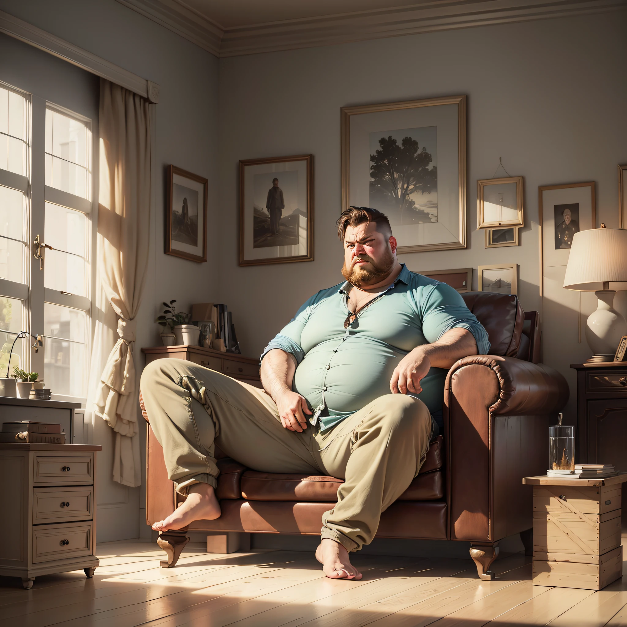 realism - style illustration of a man sitting on a sofa in a room, relaxing concept art, relaxing environment, 8k ultra realism art wallpaper, 4k movie style, 4k movie, relaxing atmosphere, 4k style, fat man with sad countenance --auto --s2