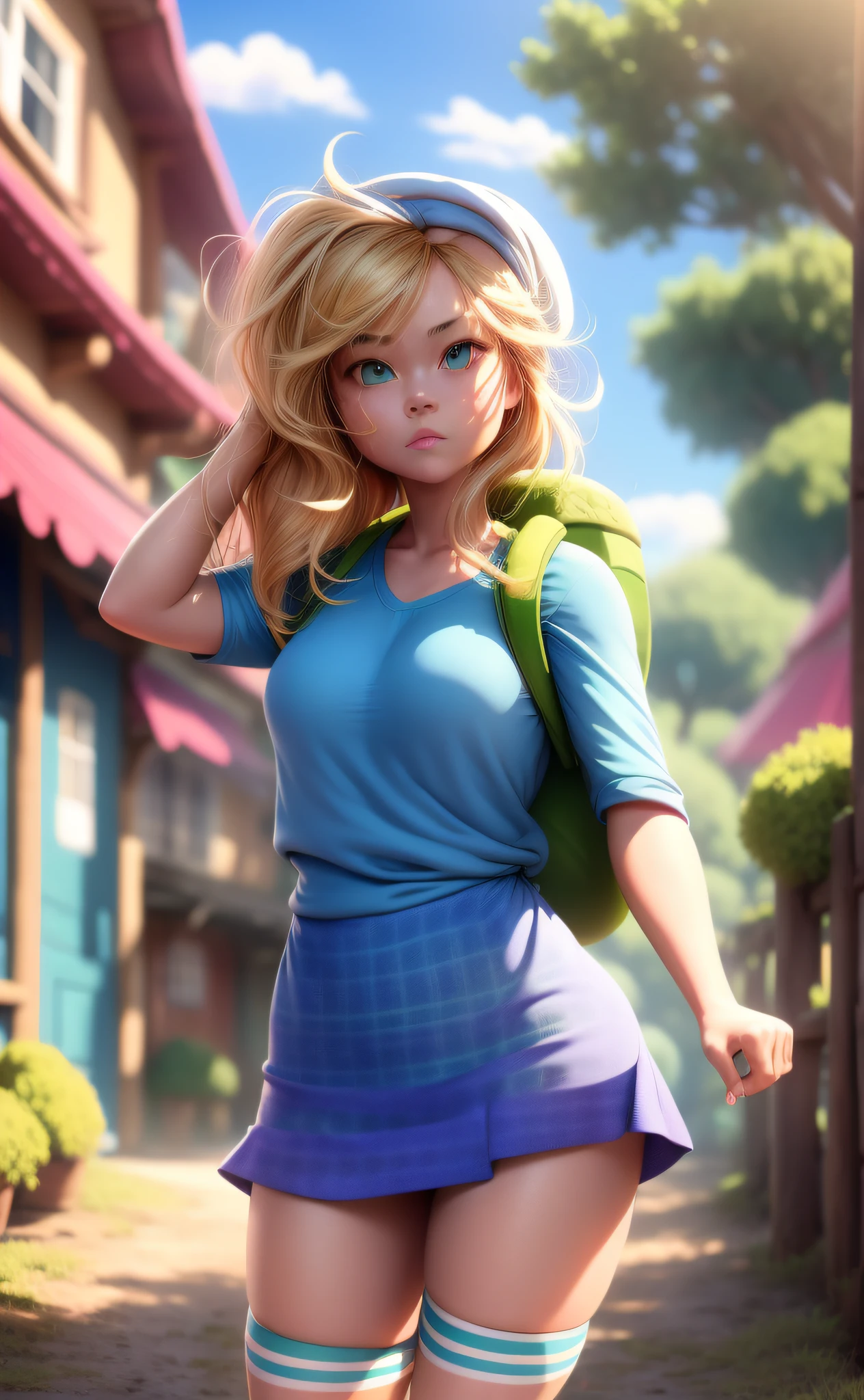 (FionnaWaifu:1), 1girl, cute, (messy hair, blonde hair, big hair), (blue shirt, sky blue skirt, knee-high socks, green backpack), cute pose, big eyes, blue eyes, (realistic: 1.2), (realism), (masterpiece: 1.2), (best quality), (ultra detailed), (8k, 4k, intricate), (full-body-shot: 1), (Cowboy-shot: 1.2), (85mm), light particles, lighting, (highly detailed: 1.2), (detailed face: 1.2), (gradients), sfw, colorful, (detailed eyes: 1.2), (detailed landscape, forest, vegetation, house: 1.2), (detailed background), detailed landscape, (dynamic angle: 1.2), (dynamic pose: 1.2), (rule of third_composition:1.3), (line of action: 1.2), wide shot, daylight, soil,