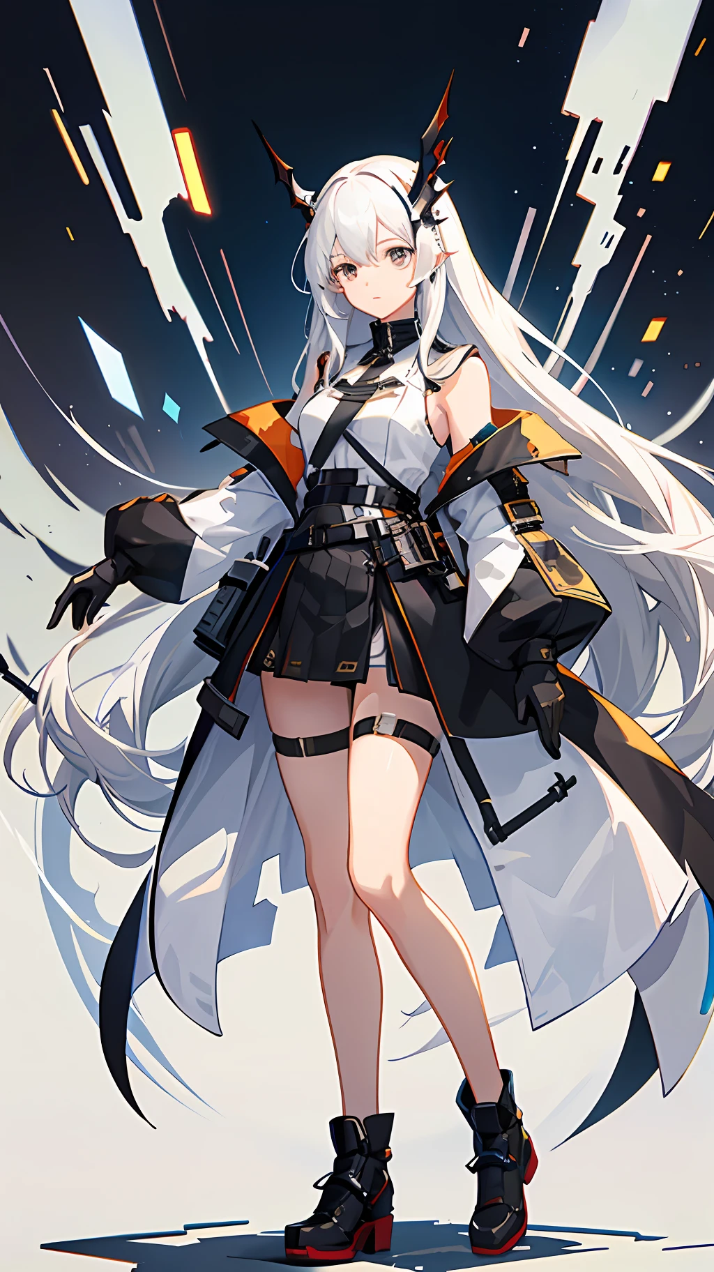 beat quality,masterpiece,1girl,solo,figure,sinple background,white background,arknights,full body,standing,white hair,long hair,floating hair,