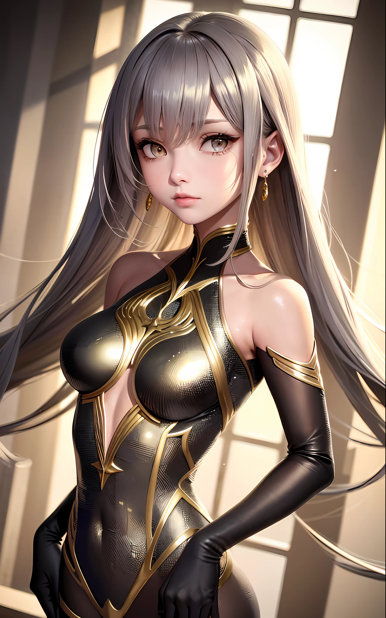 Superb Style, Masterpiece, High Resolution, Best Quality, UHD, Super Detail, Award-Awarded, 16k, (Upper Body), A Beautiful Girl, Gray Hair, Hair, (((Golden Eyes))), Hanging Corners, Fair Skin, (Small Breasts), (Slim Body), (((Suit)))