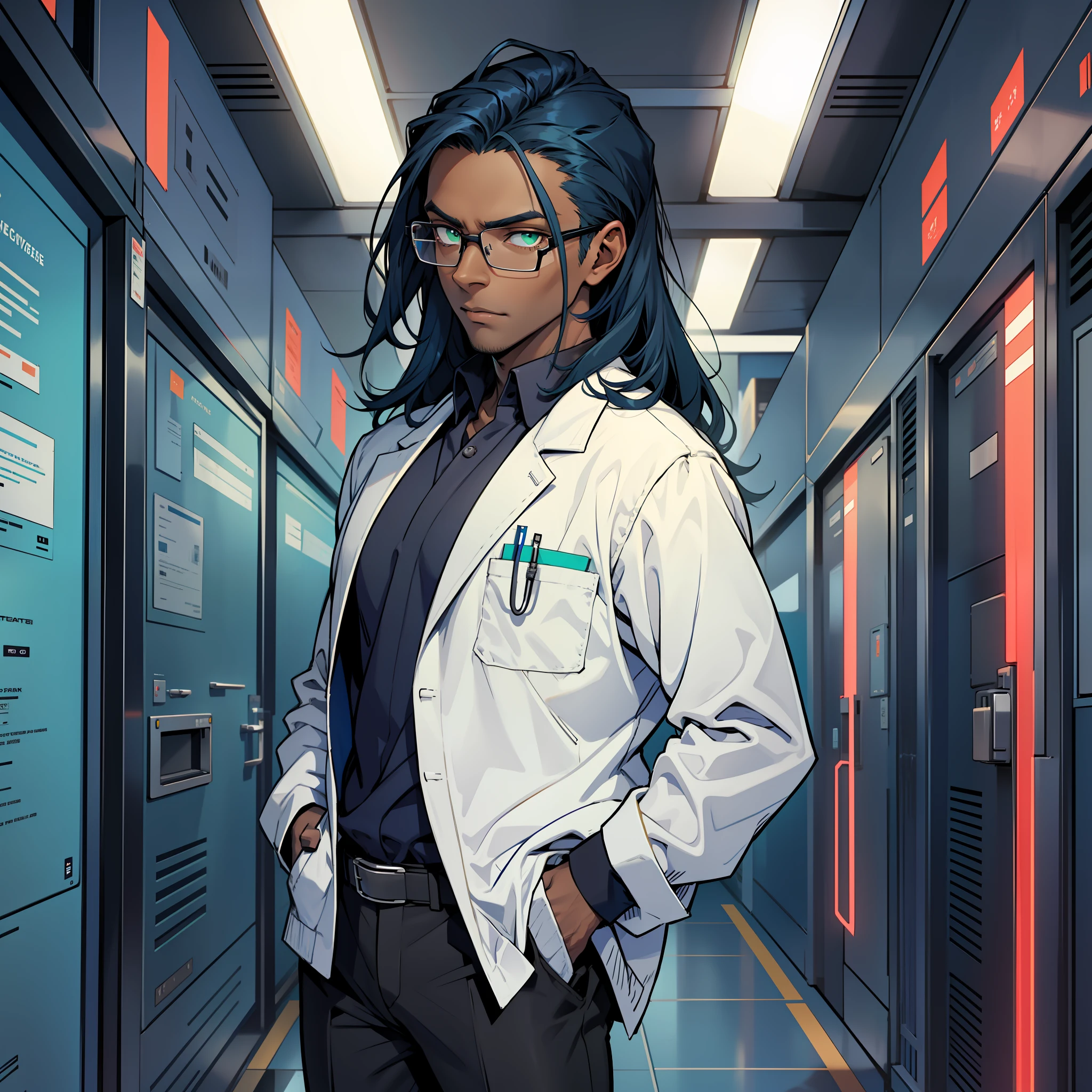 doctor, man, long pointy dark blue hair] dark skin, square glasses, green eyes, portals opening in the background, hand in pocket, black pants