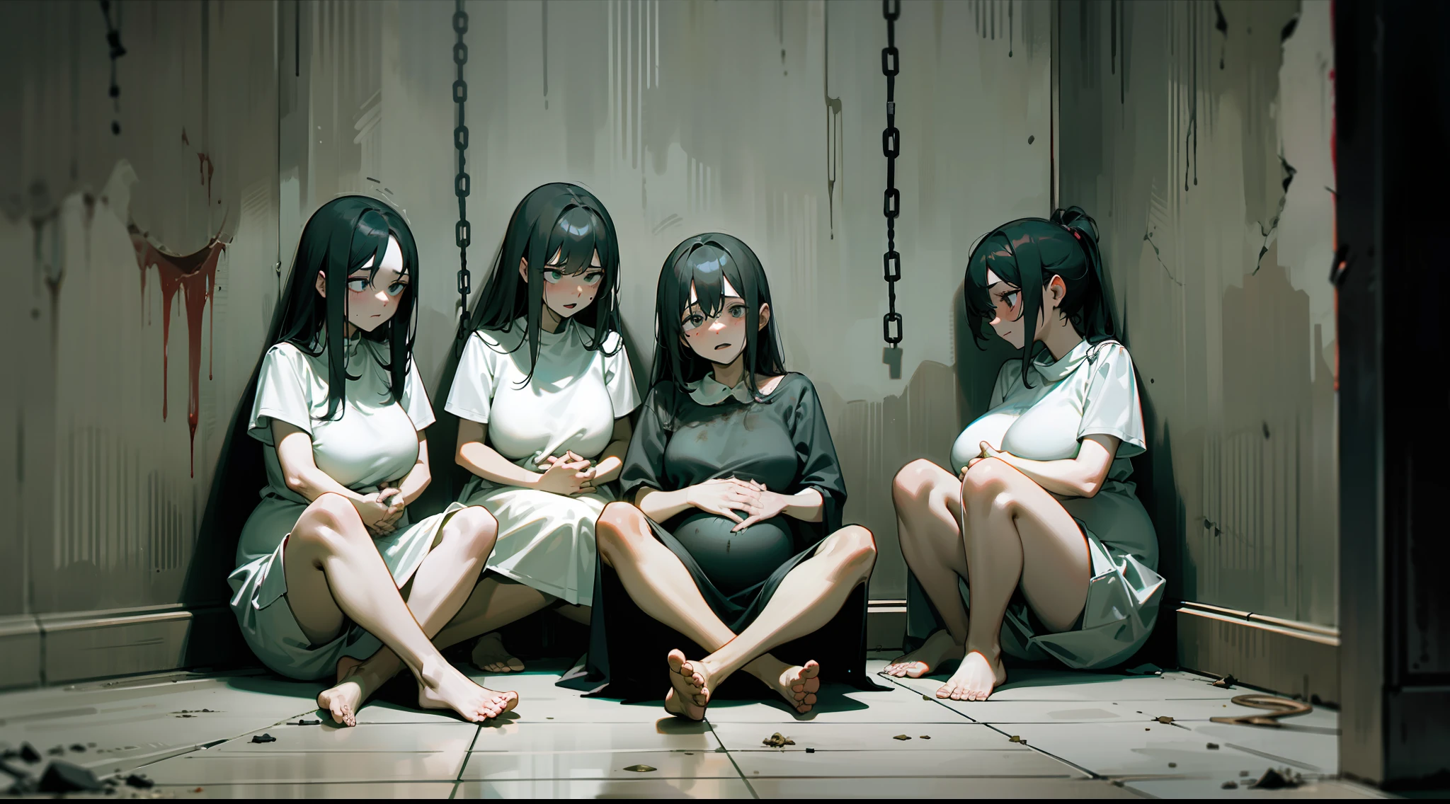 dark scene, long shot, a group of pregnant women sitting in a dirty floor, they are chained to dirty dark walls, dark and gross room, horror scene, darkness, terrific, bloody, dirty, dark mood