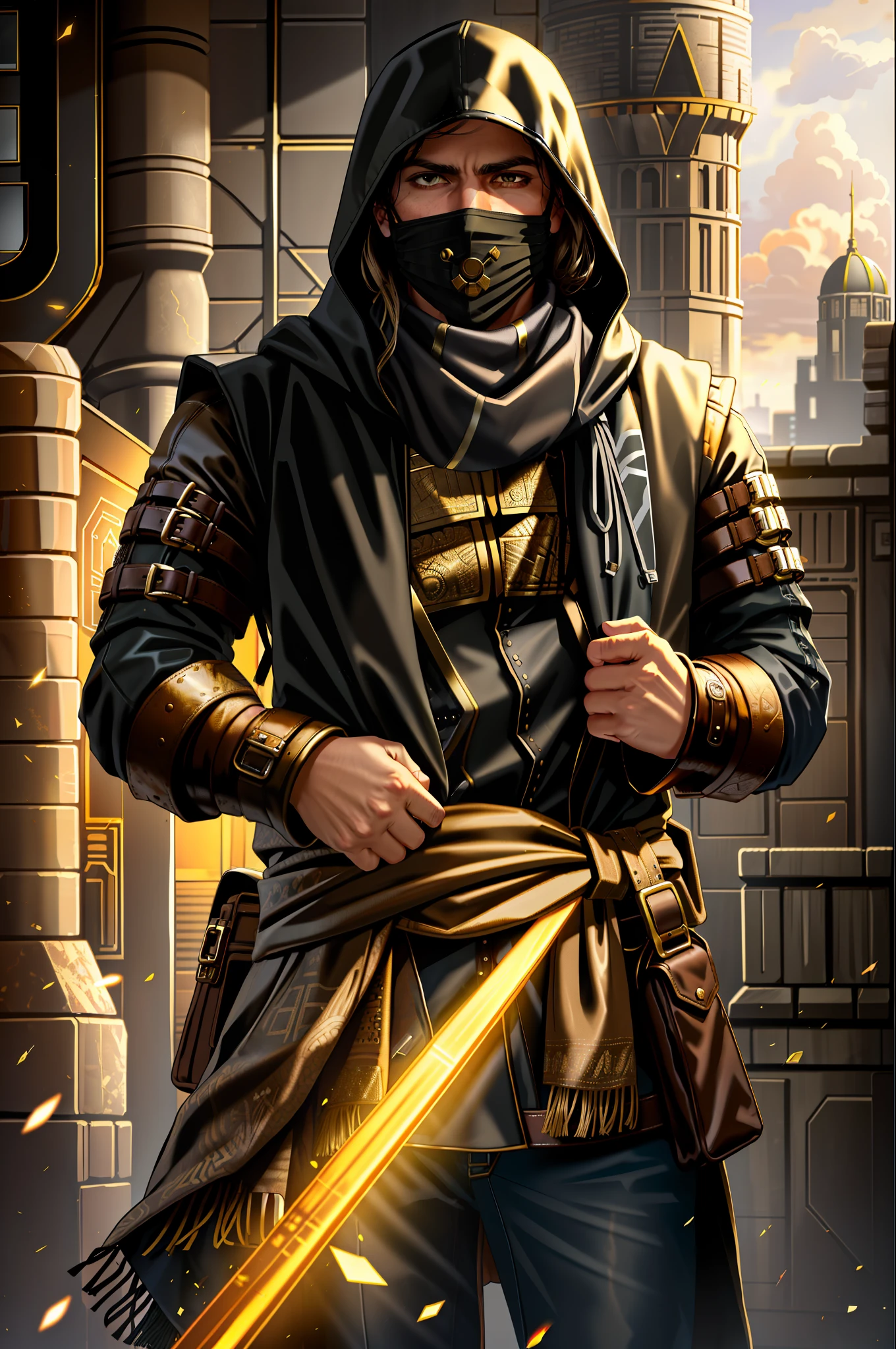 magv1ll, cowboy shot of a renegade gentleman, black torn coat, multiple belts, bandages, backpack, hood up, scarf, mouth mask, crossed arms, bank vault inside, pile of gold coins, treasures, fantasy