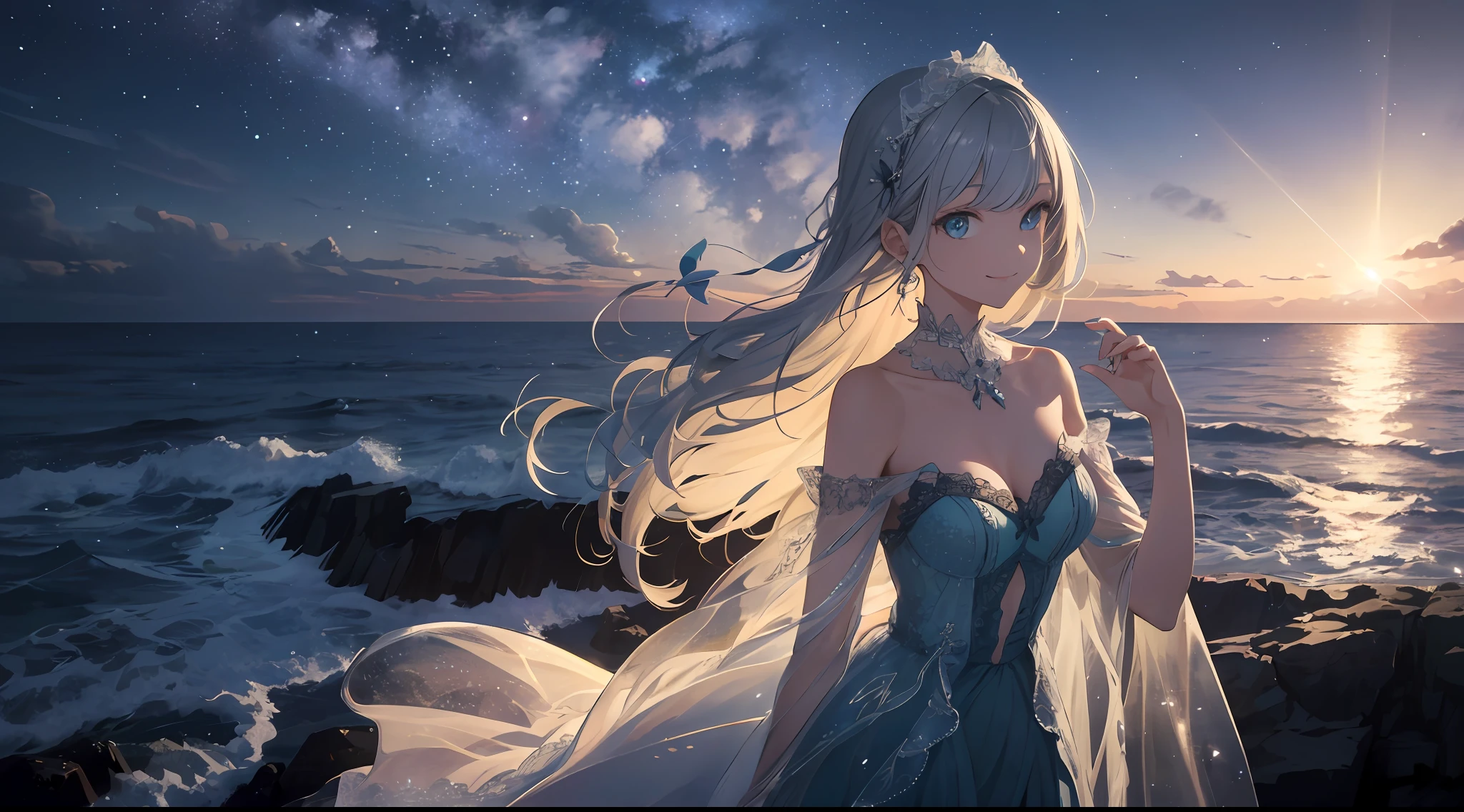 (Best Quality: 1.5), (Ultra Detail: 1.5), (Best Quality Photo: 1.5), Bright lighthouse standing on the cape, ocean as far as the eye can see, horizon, pitch black sea, full moon night, rainbow, midnight, lantern festival, scenic, beautiful landscape, galaxy, nebula, full of stars, light particles, very delicate and beautiful, very detailed, bioluminescence, cinematic light, mysterious, cinematic angle, 8k resolution, elegant, perfect, smooth, beautiful girl looking far away, very cute, smile, (delicate and beautiful eyes: 1.2), (girl: 1.5),lace,ribbon,strapless,luxurious accessories