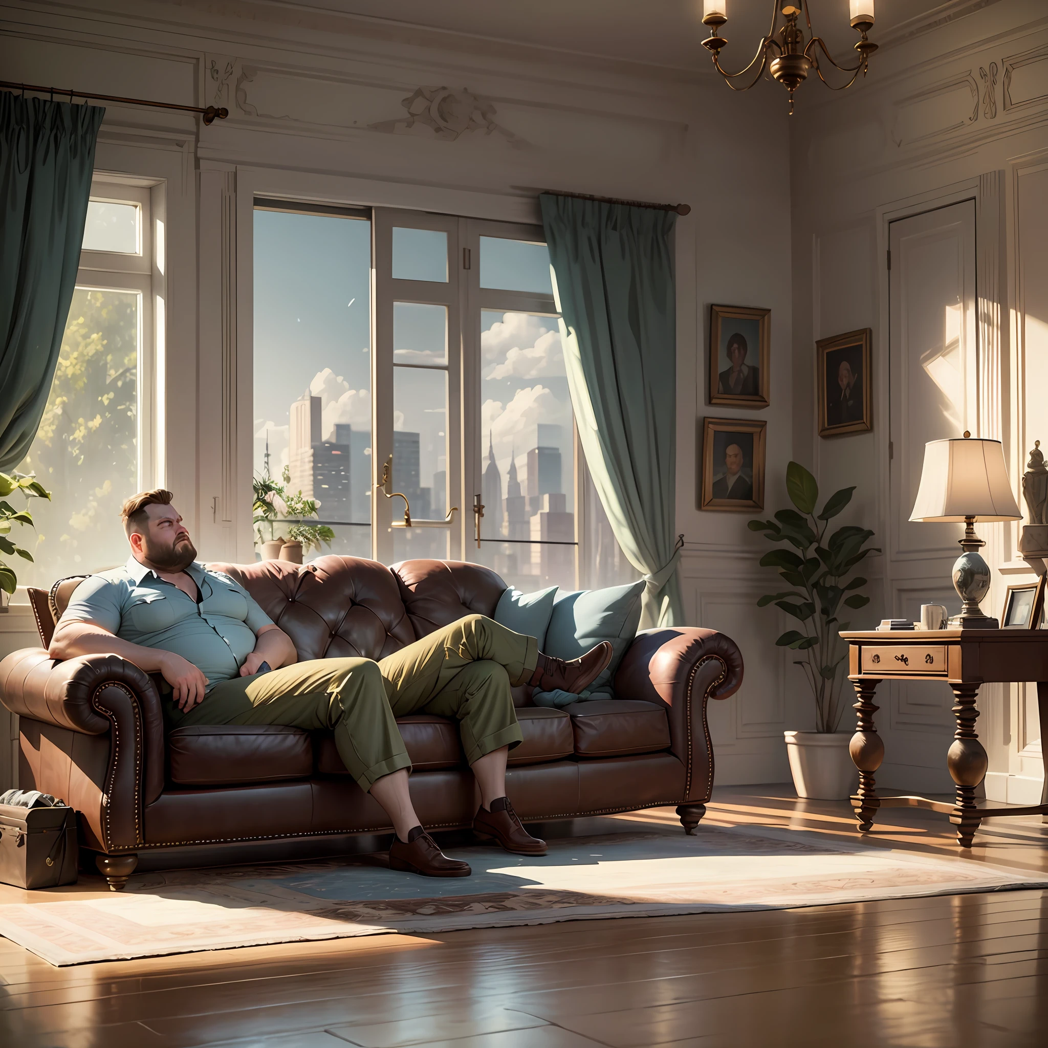 realism - style illustration of a man sitting on a sofa in a room, relaxing concept art, relaxing environment, 8k ultra realism art wallpaper, 4k movie style, 4k movie, relaxing atmosphere, 4k style, fat man with sad countenance --auto --s2