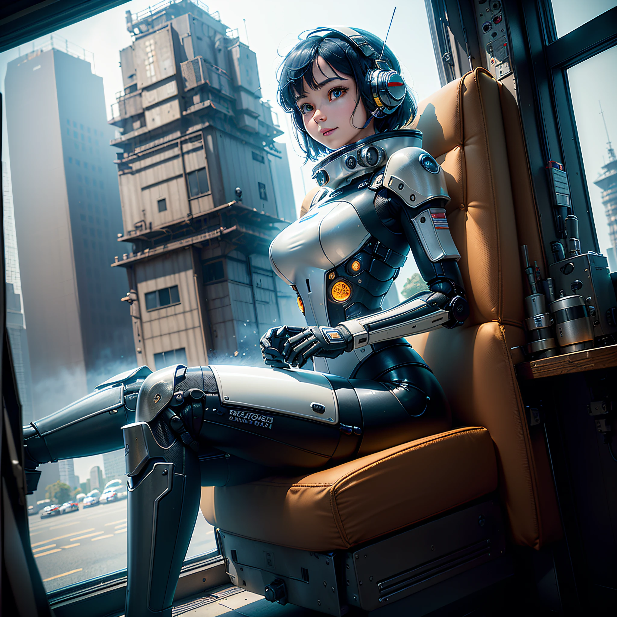 (masterpiece, highest quality, highest resolution, distinct_image, very elaborate CG, cinematic lighting, ray tracing, drop shadows, detailed detail, (photorealistic: 1.4), high quality textures, fine-grained, realistic face expression): (lone girl, face is Japan, short blue hair, small size breasts, sparkling eyes, Eye level shot, black color pilot suit, tight fit clothes, full-body covering clothing, light smile, beauty, slim body, exoskeleton, heroine, headset, long boots, gloves, large robot cockpit with forward leaning position and control stick, control panel, tools, safety equipment, radar display, touch panel, various indicators, cockpit, lever, computer keyboard, indicators, warning lights, fuel gauge, pressure gauge, control tower outside the window, large lever, foot access pedal, brake pedal, chunky manual, you can see another robot outside the window)