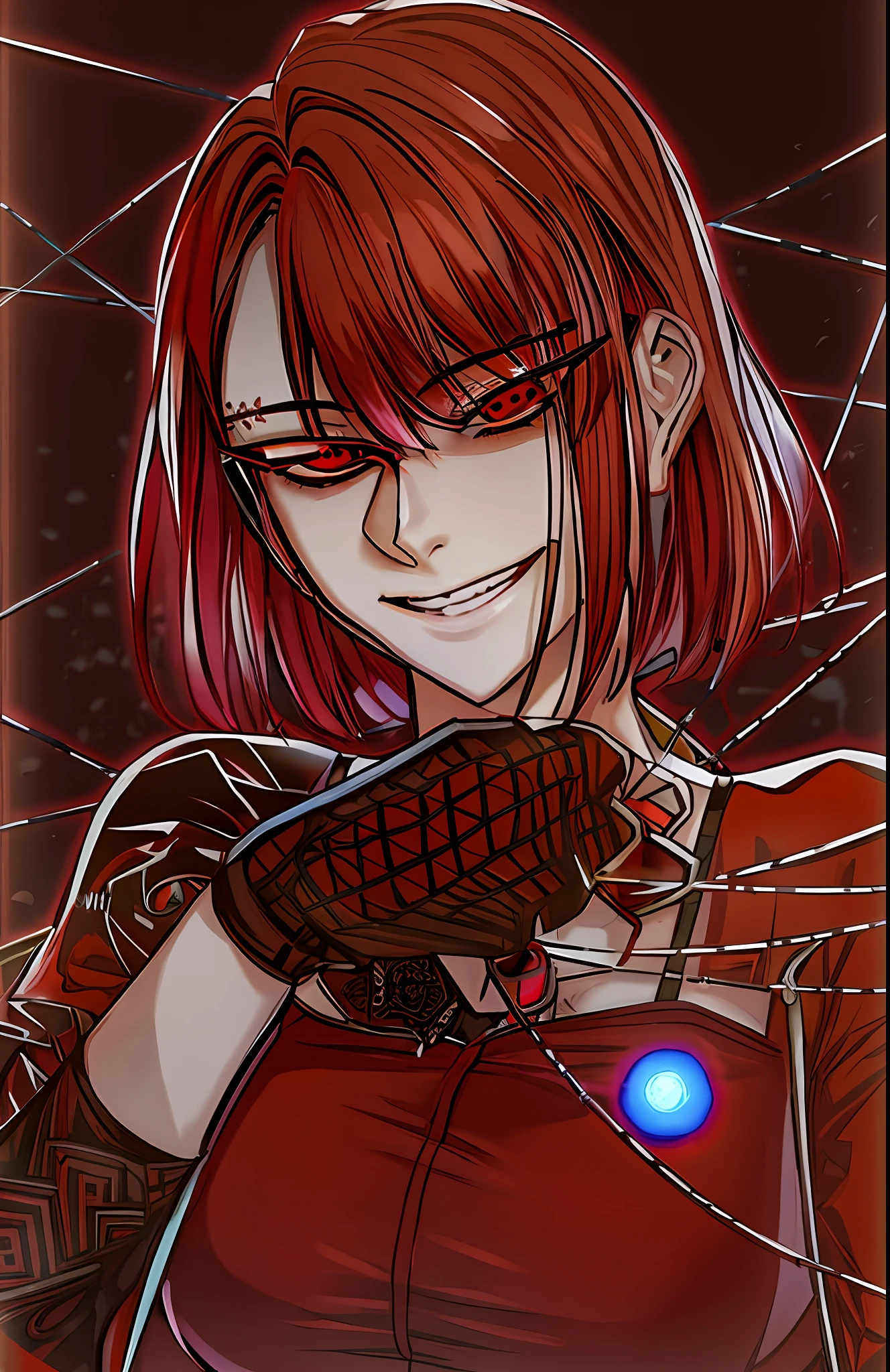 a woman with red hair and glasses holding a spider web, hints of yayoi kasuma, yandere intricate, [[[[grinning evily]]]], gapmoe yandere grimdark, anya from spy x family, chainsaw man manga, chainsaw man, portrait gapmoe yandere grimdark, female protagonist 👀 :8, yayoi kasuma --auto --s2