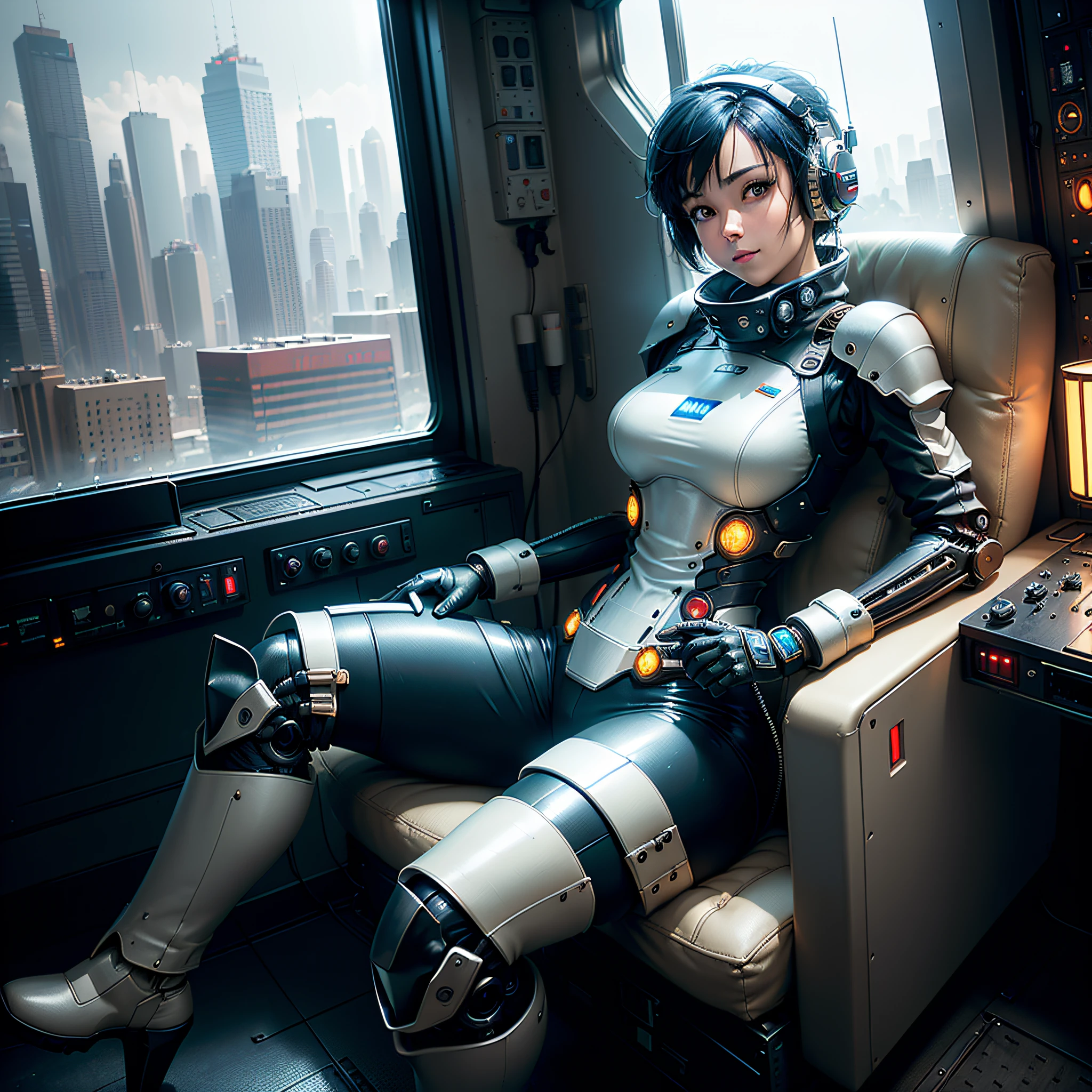 (masterpiece, highest quality, highest resolution, distinct_image, very elaborate CG, cinematic lighting, ray tracing, drop shadows, detailed detail, (photorealistic: 1.4), high quality textures, fine-grained, realistic face expression): (lone girl, face is Japan, short blue hair, small size breasts, sparkling eyes, Eye level shot, black color pilot suit, tight fit clothes, full-body covering clothing, light smile, beauty, slim body, exoskeleton, heroine, headset, long boots, gloves, large robot cockpit with forward leaning position and control stick, control panel, tools, safety equipment, radar display, touch panel, various indicators, cockpit, lever, computer keyboard, indicators, warning lights, fuel gauge, pressure gauge, control tower outside the window, large lever, foot access pedal, brake pedal, chunky manual, you can see another robot outside the window)