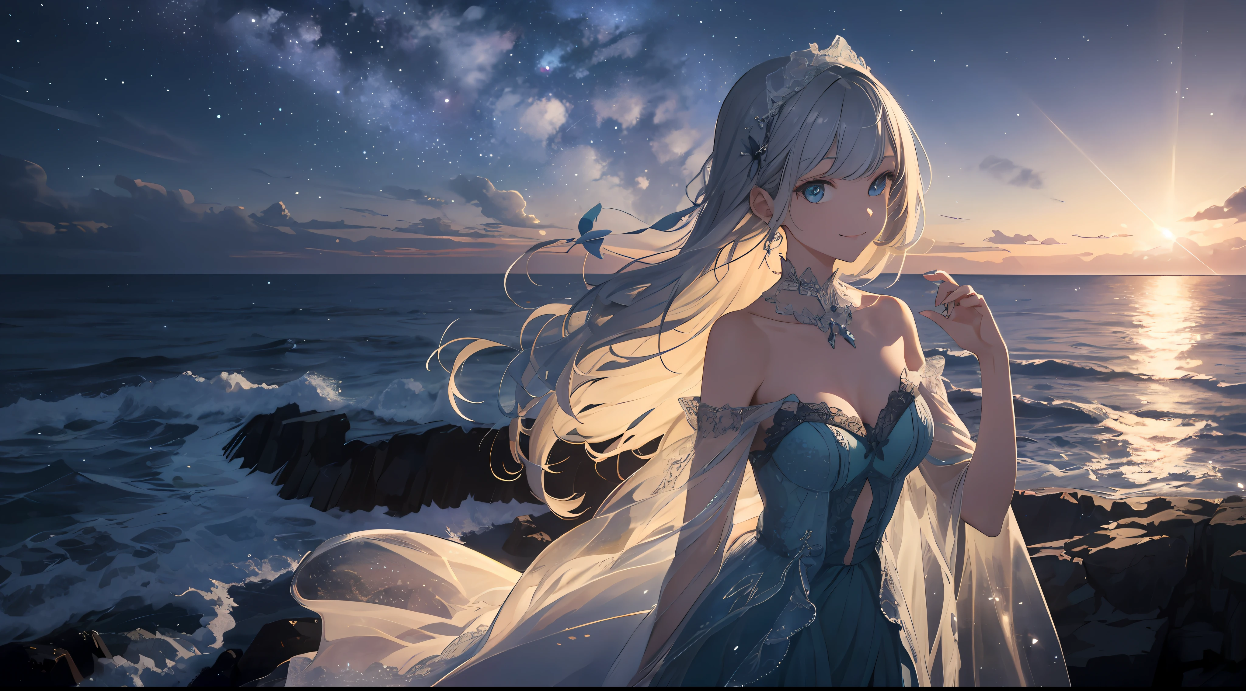 (Best Quality: 1.5), (Ultra Detail: 1.5), (Best Quality Photo: 1.5), Bright lighthouse standing on the cape, ocean as far as the eye can see, horizon, pitch black sea, full moon night, rainbow, midnight, lantern festival, scenic, beautiful landscape, galaxy, nebula, full of stars, light particles, very delicate and beautiful, very detailed, bioluminescence, cinematic light, mysterious, cinematic angle, 8k resolution, elegant, perfect, smooth, beautiful girl looking far away, very cute, smile, (delicate and beautiful eyes: 1.2), (girl: 1.5),lace,ribbon,strapless,luxurious accessories