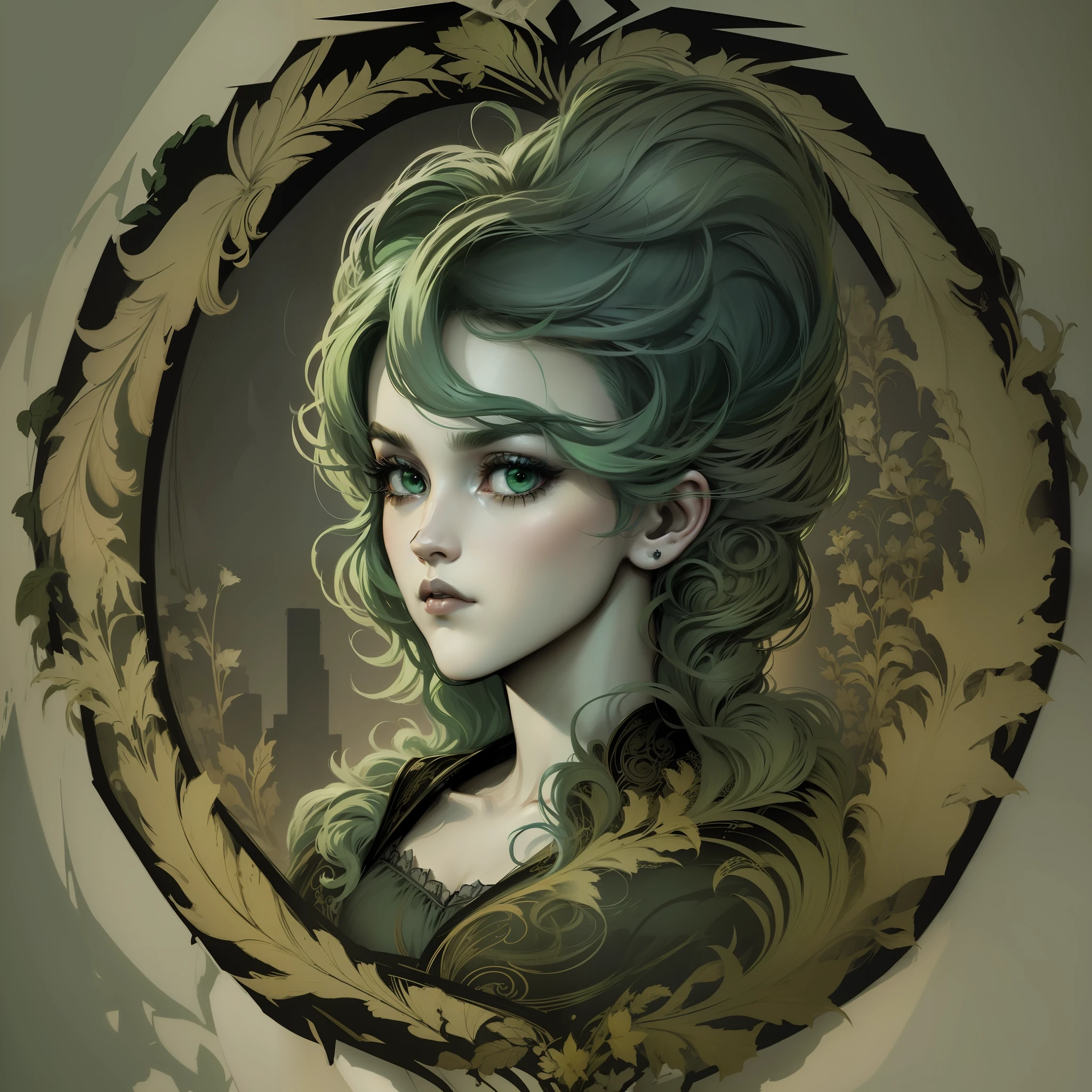 (best quality, masterpiece), wallpaper in 1600x900 resolution, woman with green hair (green hair: 1.3), illuminated environment, blurred background.