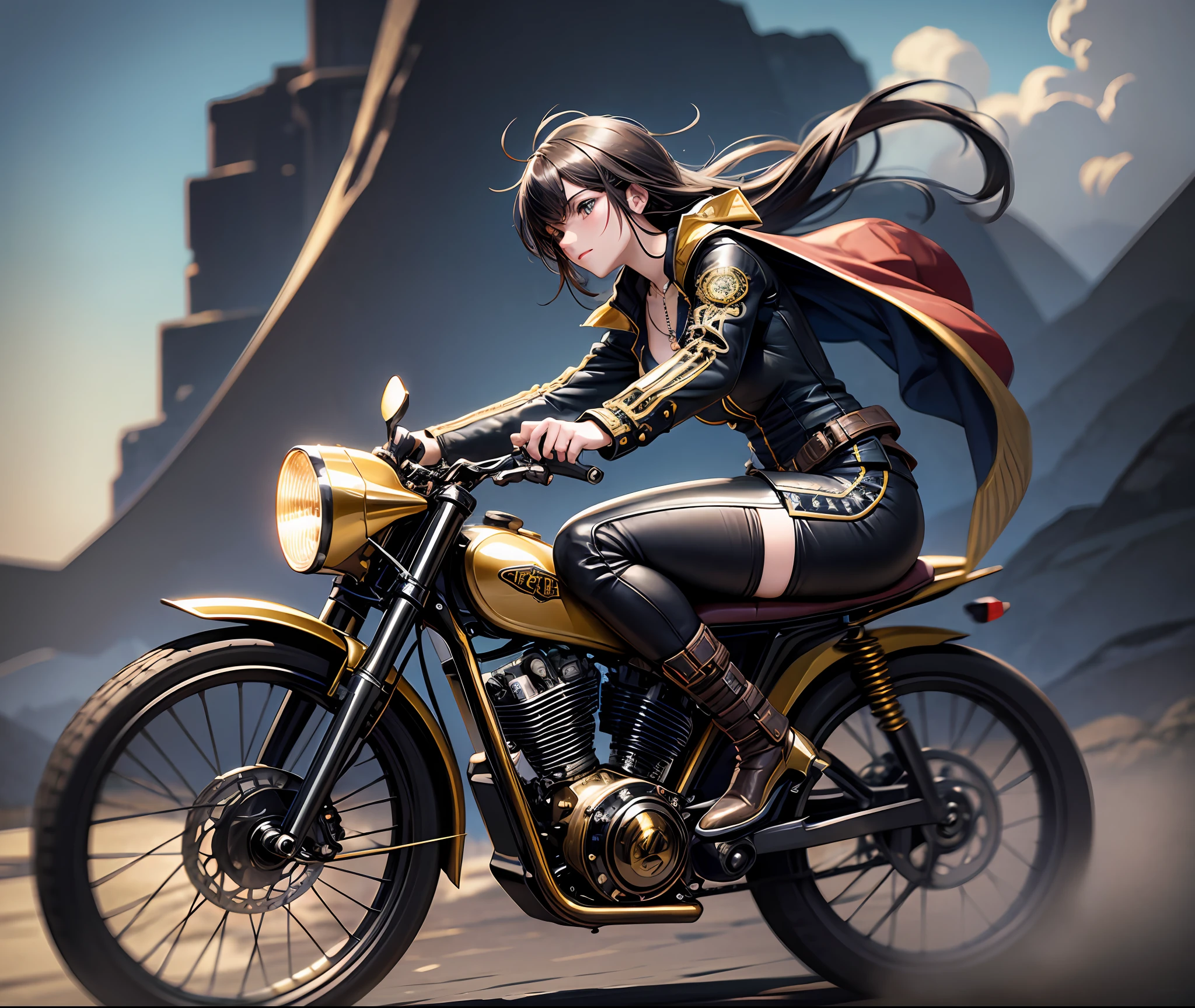 (pov), steampunk style yhmotorbike, 1woman, golden color jacket, open jacket, bike shorts, riding shoes, sprint, multiple angle, full power sprint, ride a motocross, (mountains, public roads), anime picture, art cg, (ultra-detailed:1.3), best quality, illustration, particle lighting, beautiful detailed glow, an extremely delicate and beautiful, gleaming skin, shiny hair, detailed and delicate costumes --auto --s2