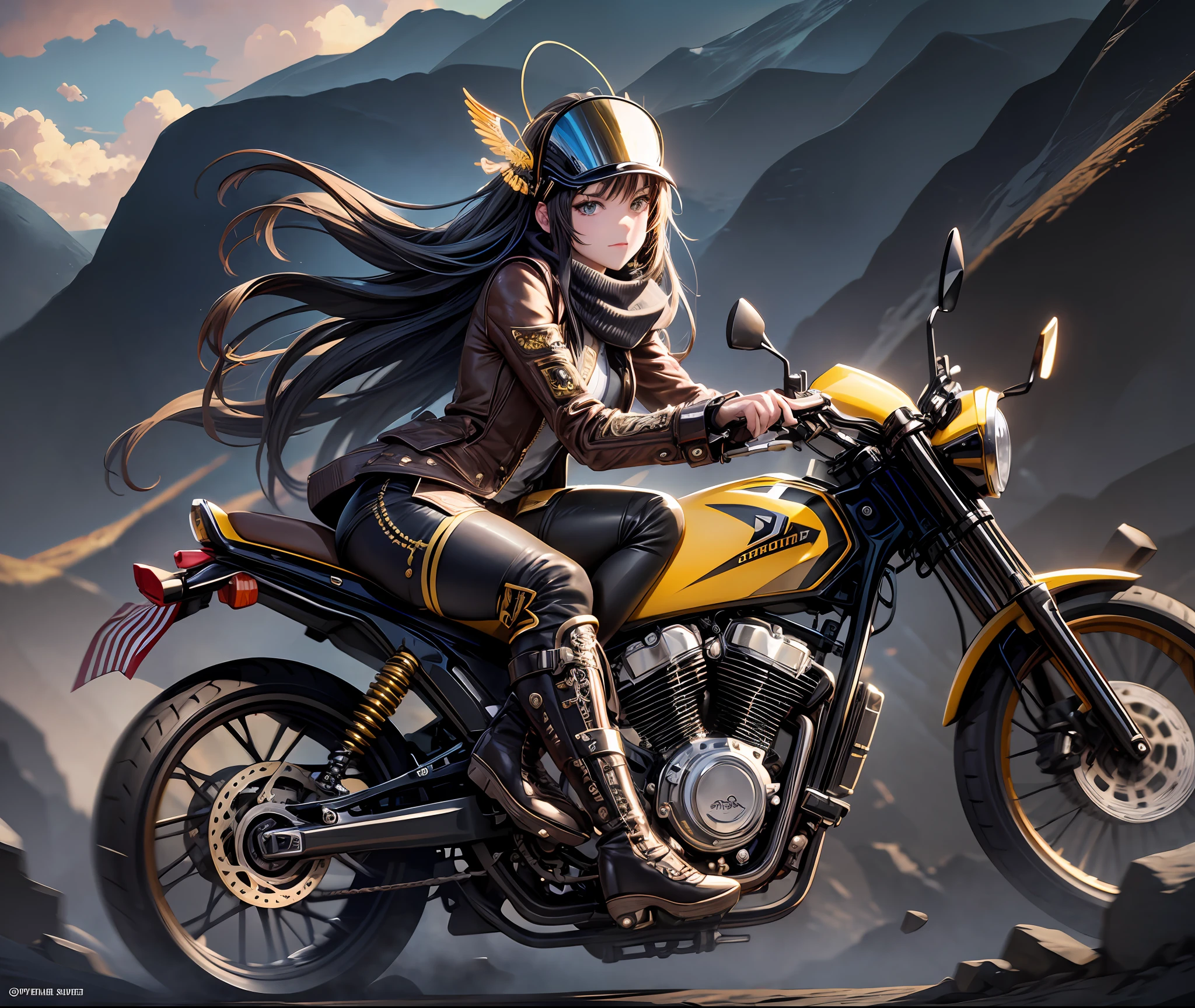(pov), steampunk style yhmotorbike, 1woman, golden color jacket, open jacket, bike shorts, riding shoes, sprint, multiple angle, full power sprint, ride a motocross, (mountains, public roads), anime picture, art cg, (ultra-detailed:1.3), best quality, illustration, particle lighting, beautiful detailed glow, an extremely delicate and beautiful, gleaming skin, shiny hair, detailed and delicate costumes --auto --s2