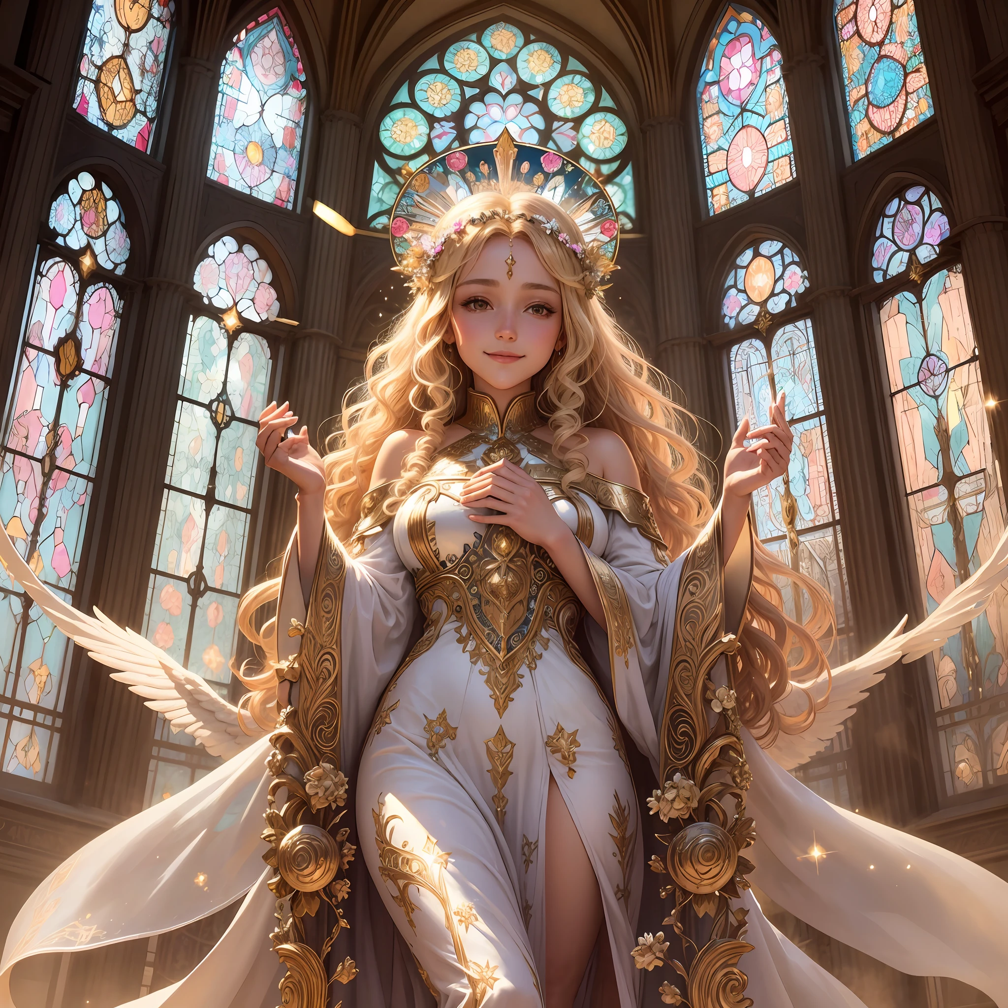 with angel, glitter, gentle smile, light, goddess, heaven, human beauty, mucha, happiness, high image quality, shine, flower, crystal, lassen, medieval, halo, long dress, standing, prayer, blonde god, curly hair --auto --s2